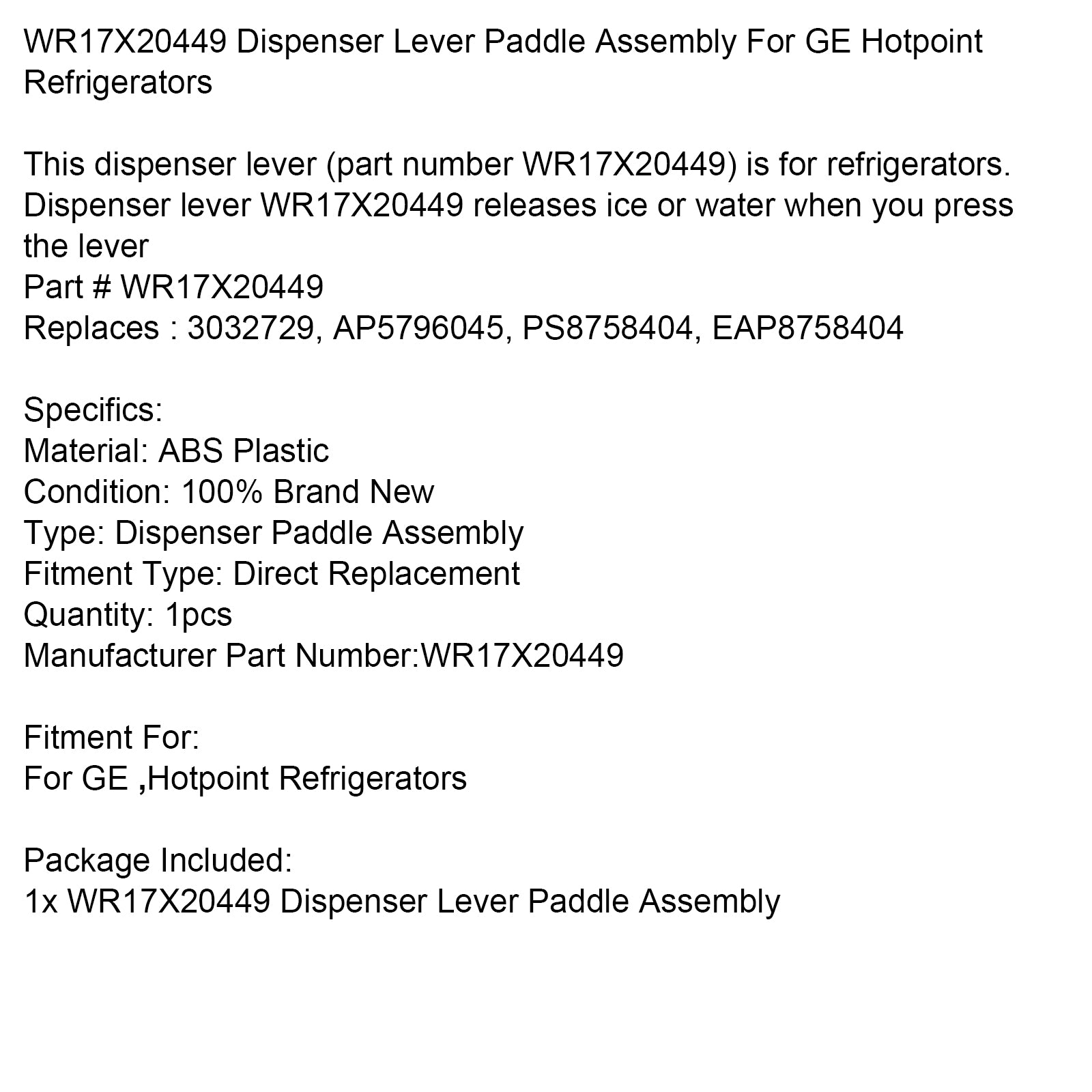 WR17X20449 Assemblage de palette de levier du distributeur pour les réfrigérateurs GE HotPoint