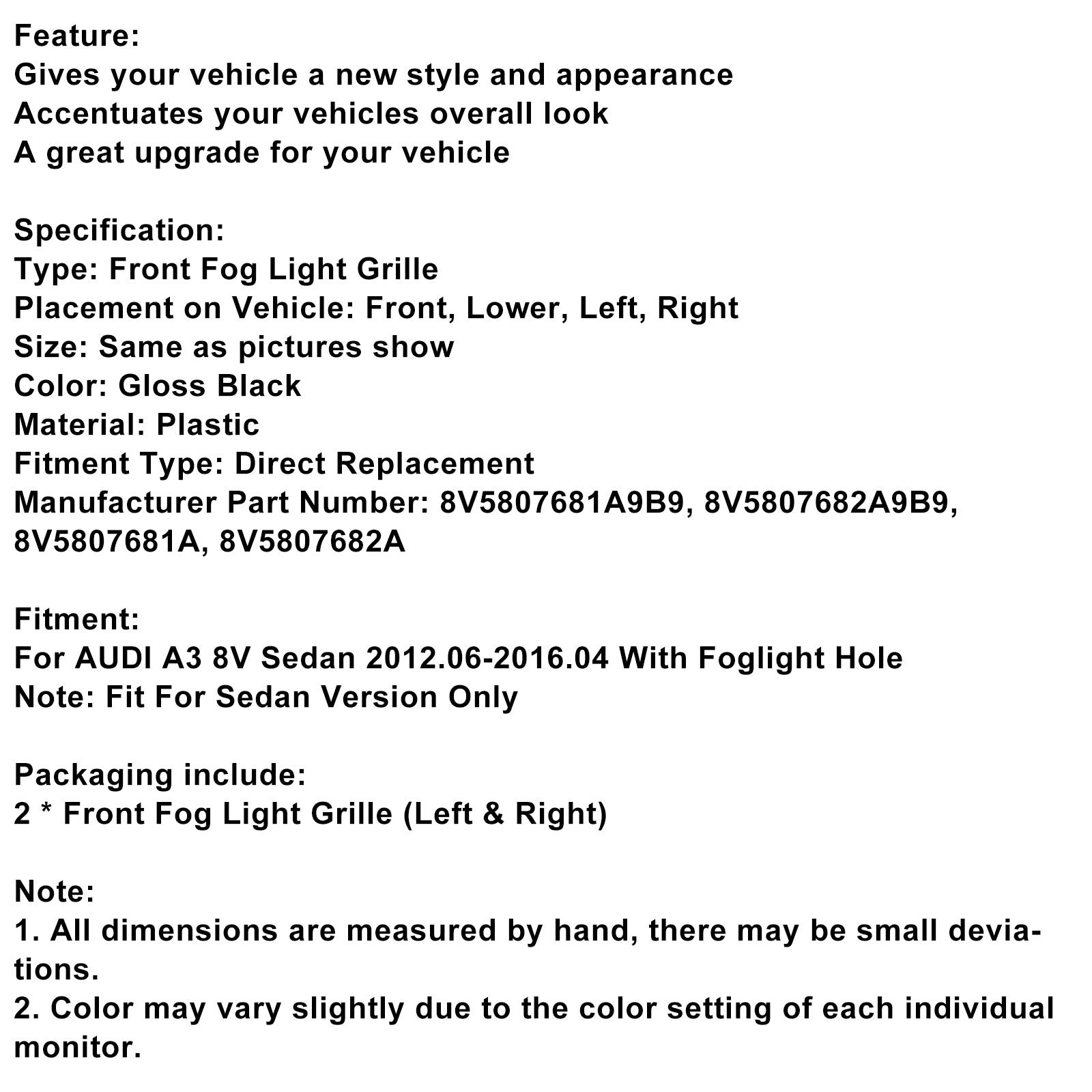 2013-2016 Audi A3 8V Sedan Gloss Black Front Fog Light Grill Covers