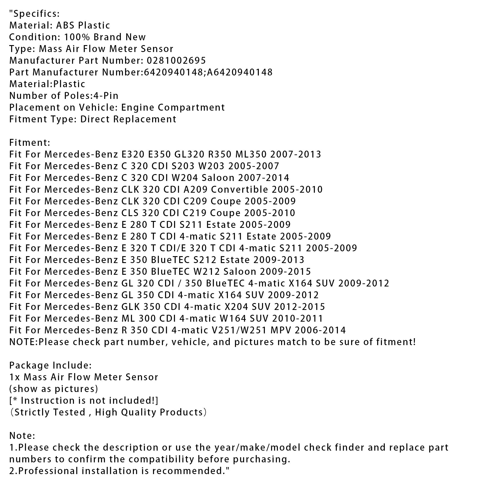 Sensor do medidor de fluxo de ar em massa para Mercedes E350 ML350 E320 R320 0281002695
