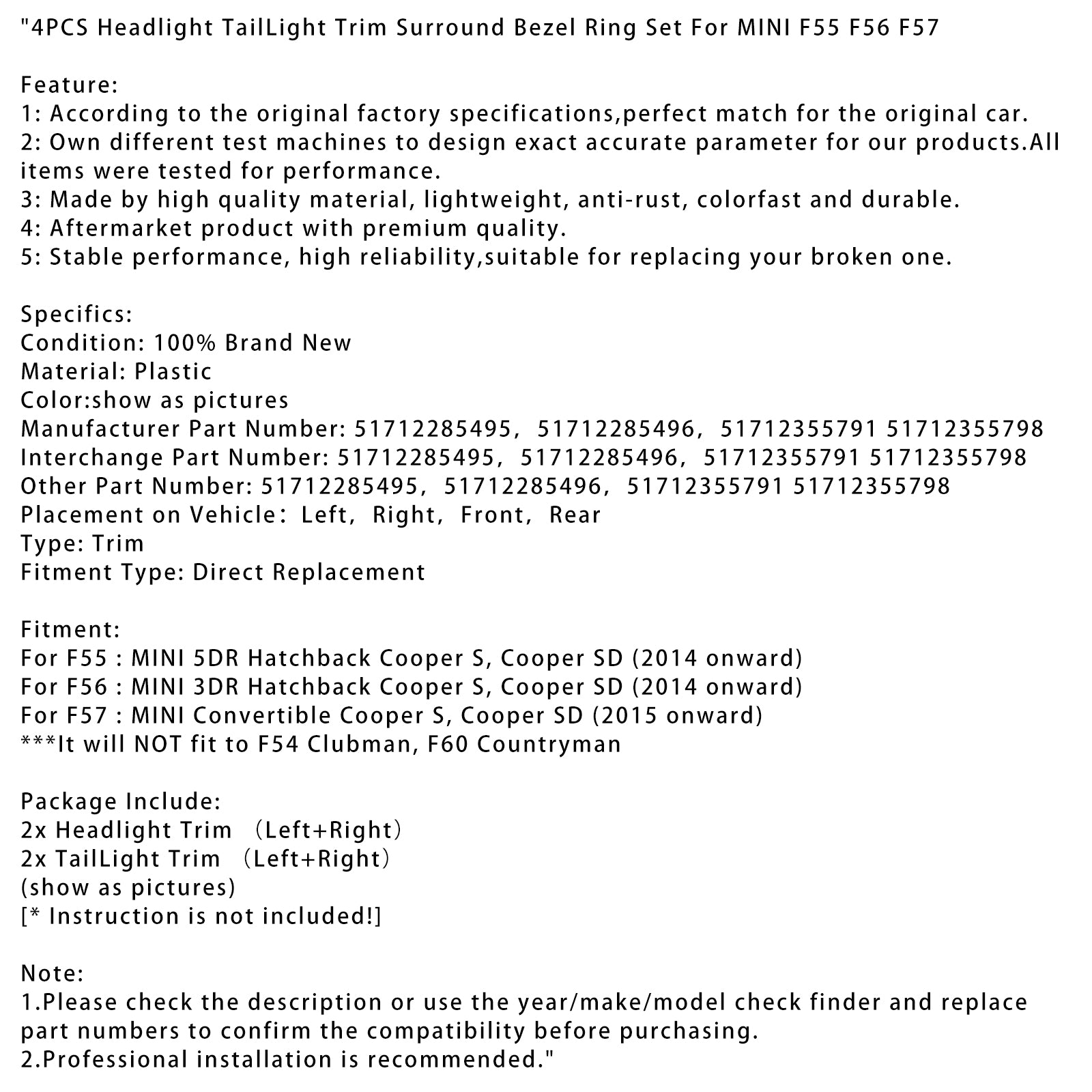4 STKS Koplamp Achterlicht Trim Surround Bezel Ring Set Voor MINI F55 F56 F57