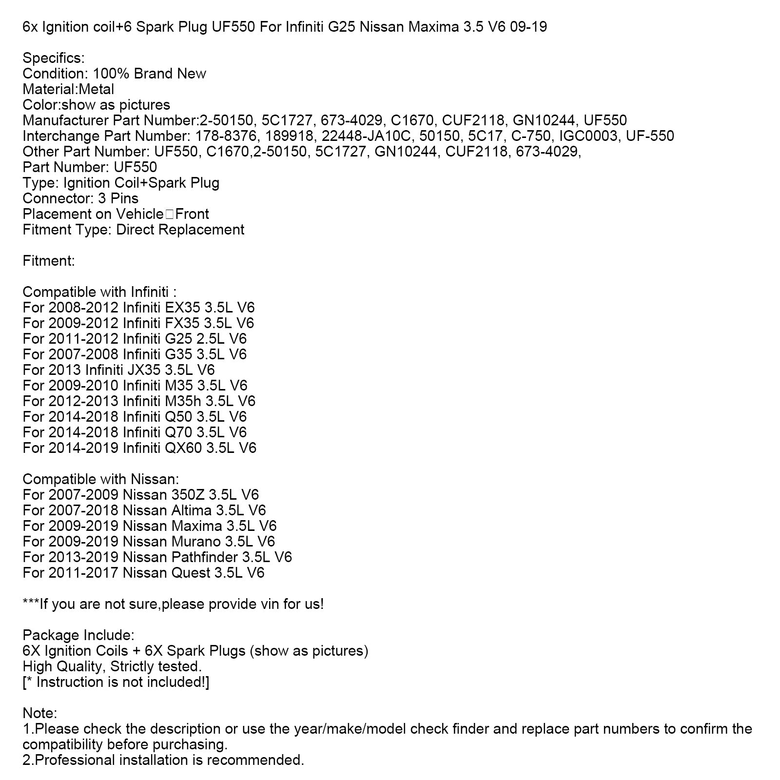 2007-2018 Nissan Altima 3.5L V6 6 Bobine+6 Bougie UF550 2-50150 C1670,2-50150 Generiek