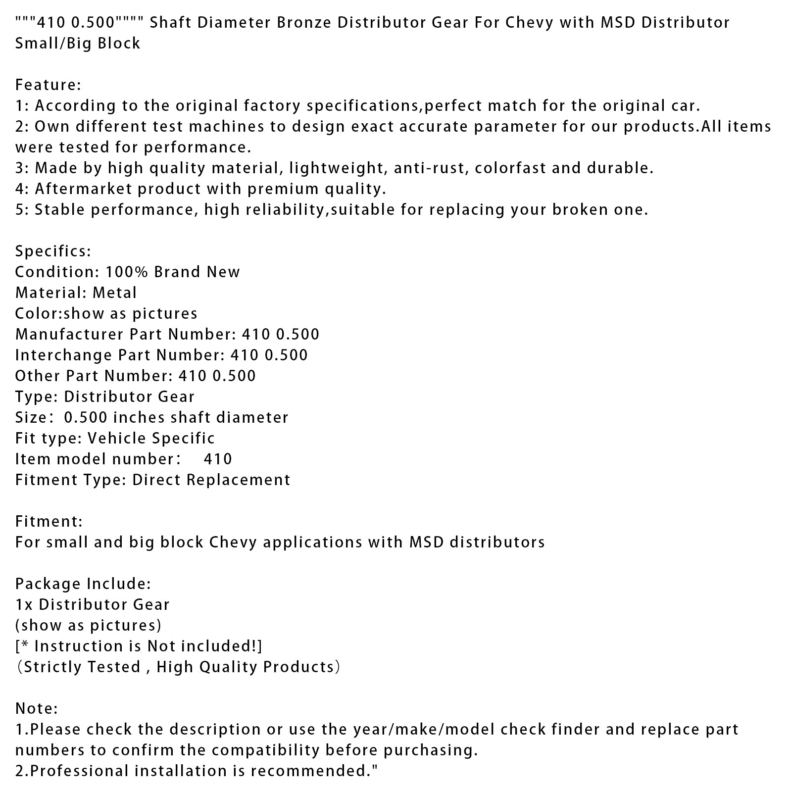 "410 0.500"" Shaft Diameter Distributor Gear For Chevy with MSD Small/Big Block