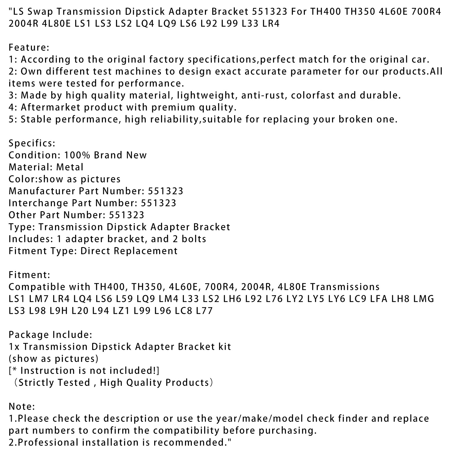 Soporte adaptador de varilla de medición de transmisión 551323 para TH400 TH350 4L60E 700R4 2004R