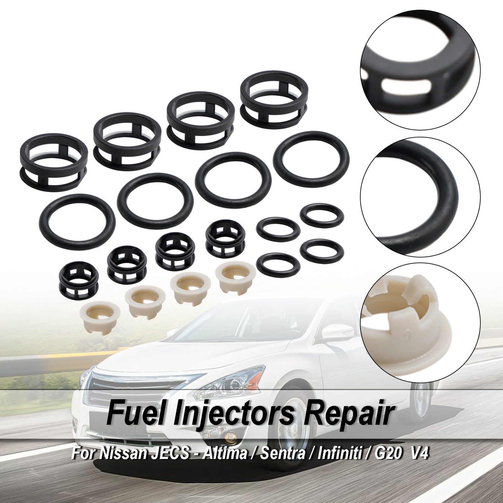 NISSAN JECS - Altima/Sentra/Infiniti/G20 V4 4st Sidmatningsbränsle Injektor Reparationssatsfilter Tätningar O -ringar Pintle Caps