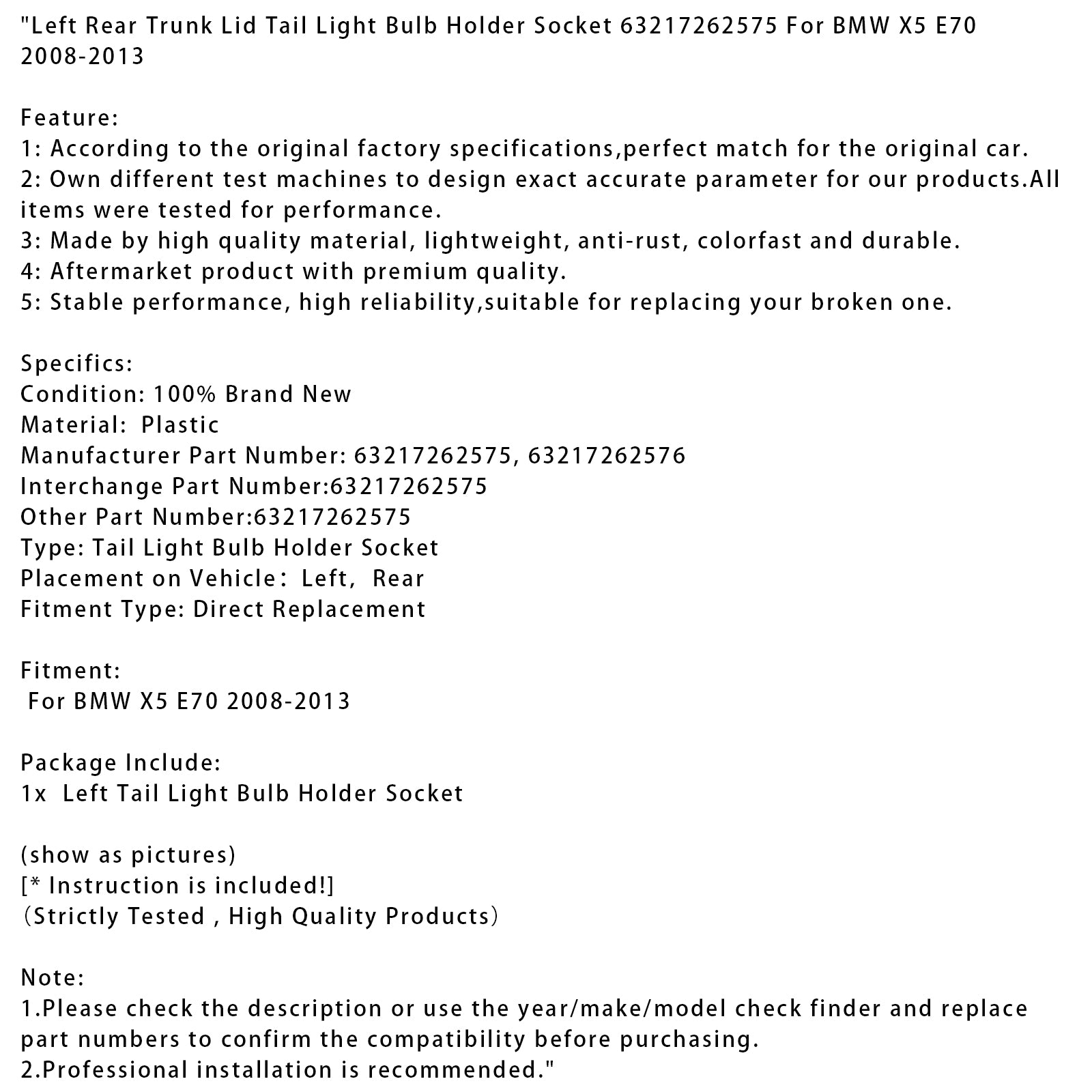 2008-2013 BMW X5 E70 Tapa del maletero trasero izquierdo Portalámparas de luz trasera