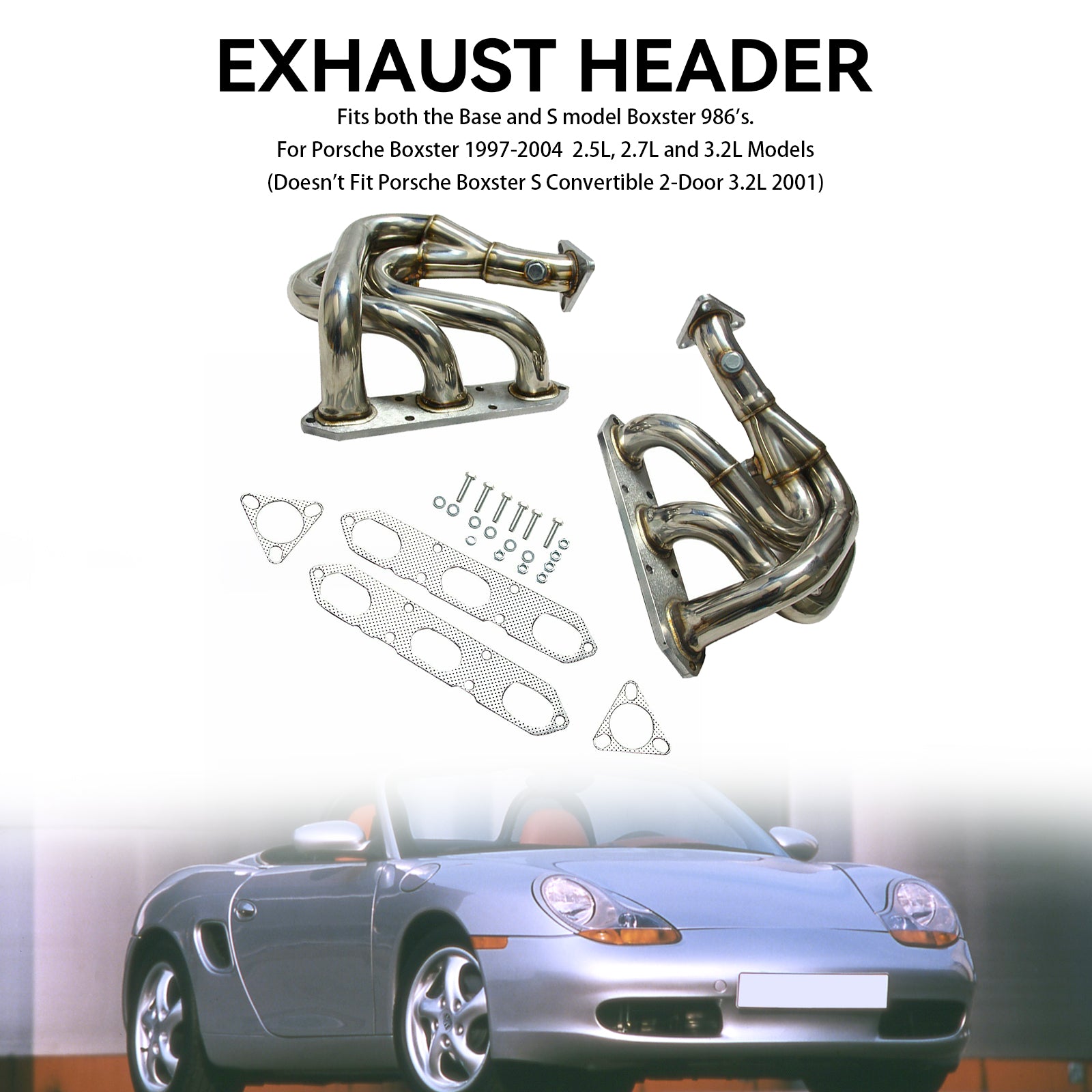 Coletor de escape de aço inoxidável compatível com Porsche Boxster 986 2.5L & 2.7L 1997-2004