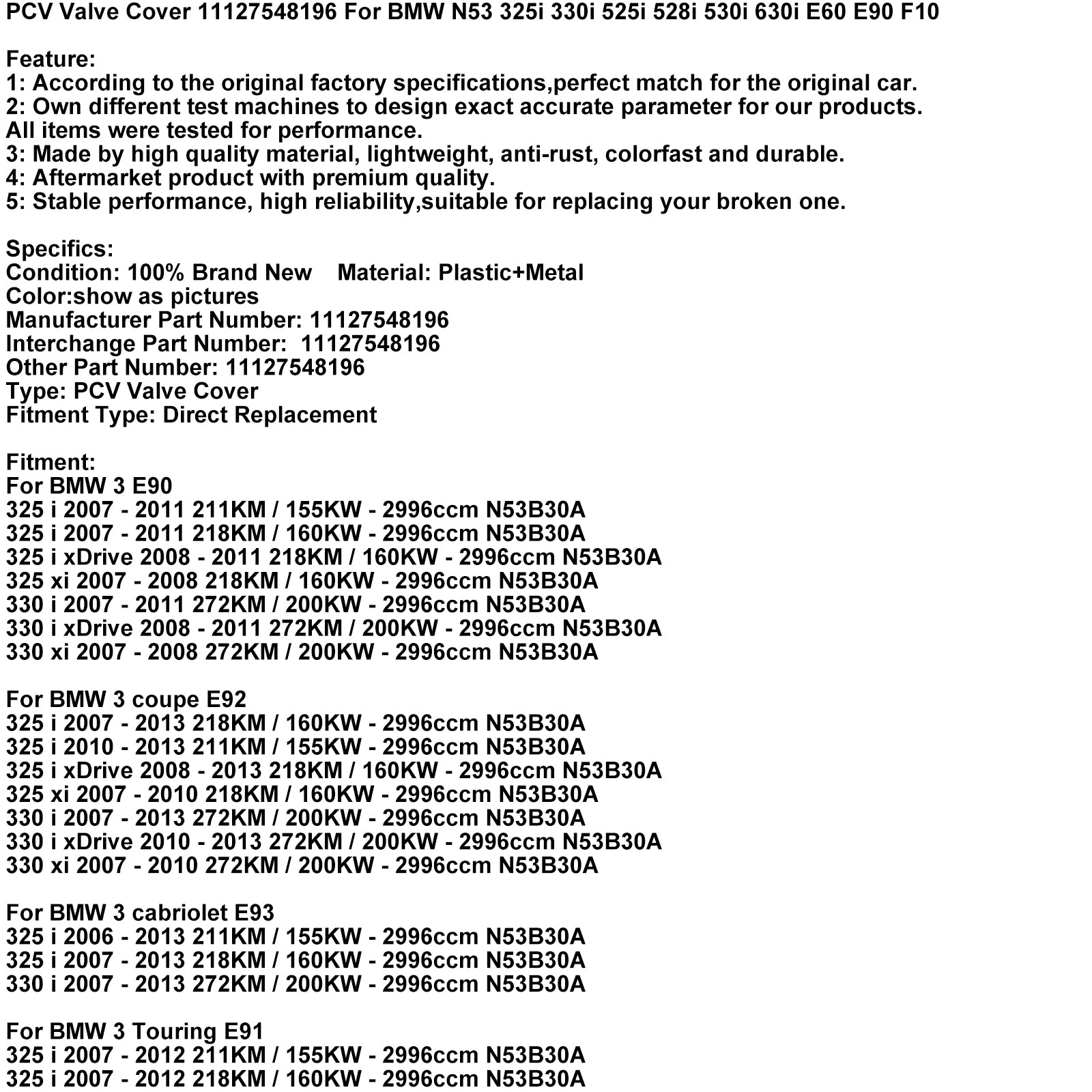 BMW N53 325i 330i 525i 528i 530i 630i E60 E90 PCV-kleppendeksel 11127548196