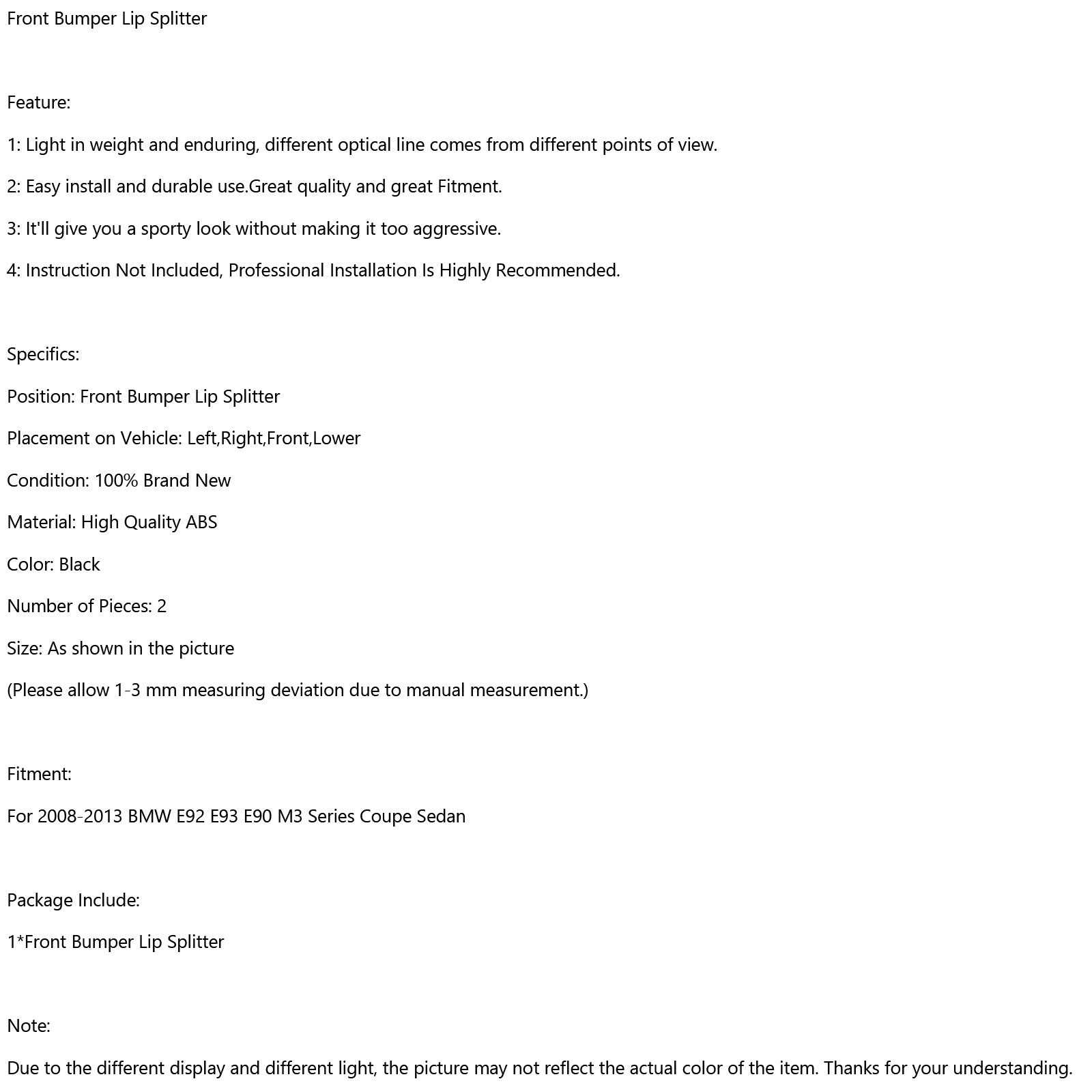 2008-2013 BMW E92 E93 E90 M3 Series Coupe Sedan Front Bumper Lip Splitter