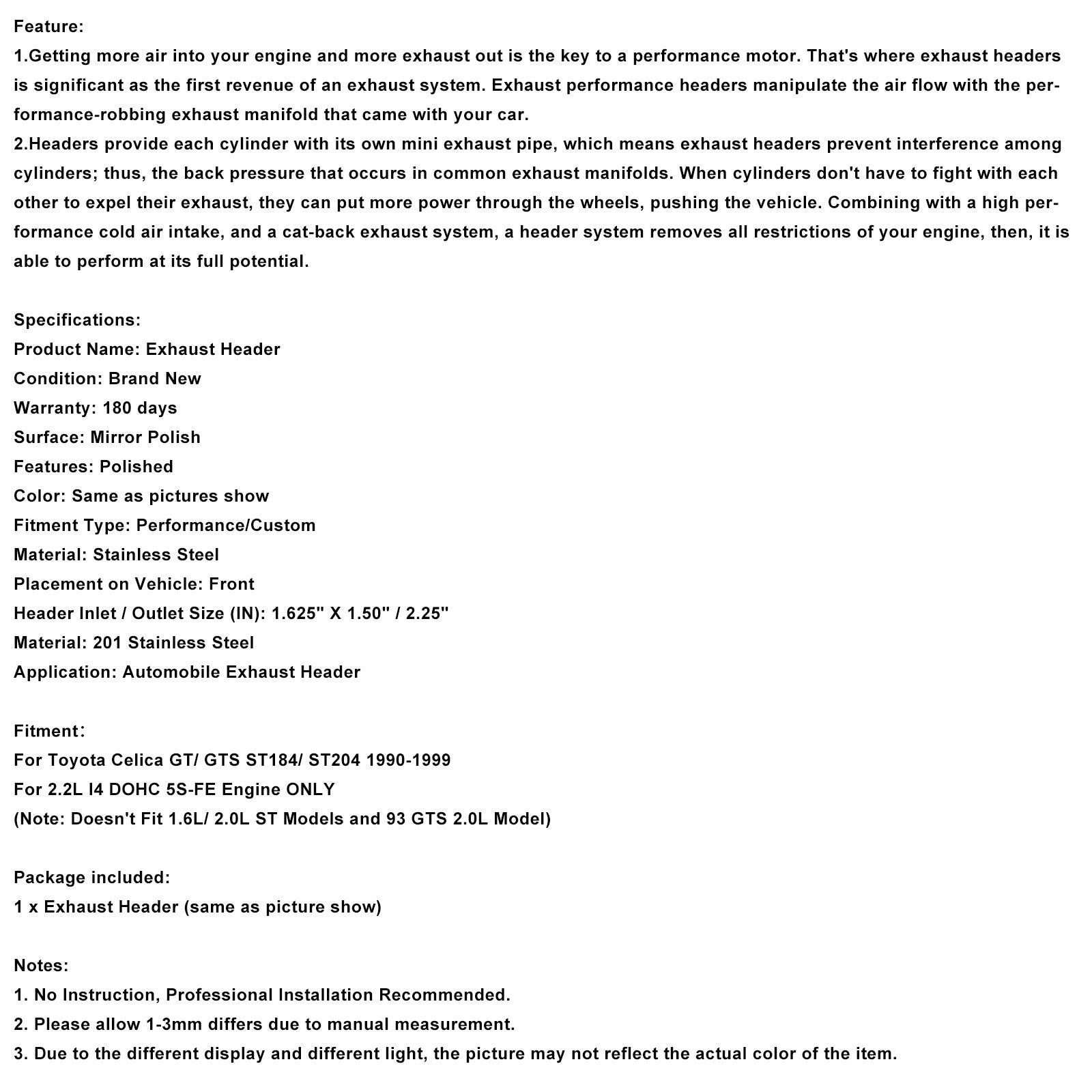 Stainless Steel Exhaust Manifold Header Fit TOYOTA CELICA GT/GTS 2.2L 1990-1999