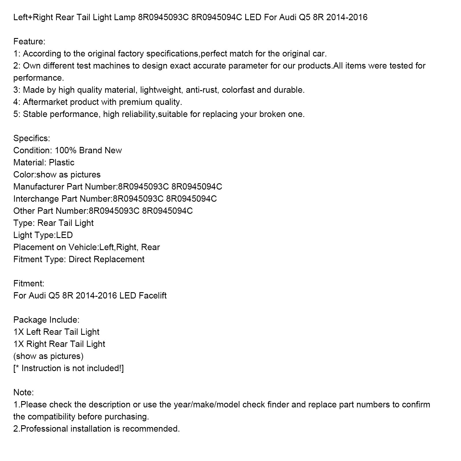 2014-2016 Audi Q5 8R L+R Par Bakre bakljuslampa LED 8R0945094C/93C