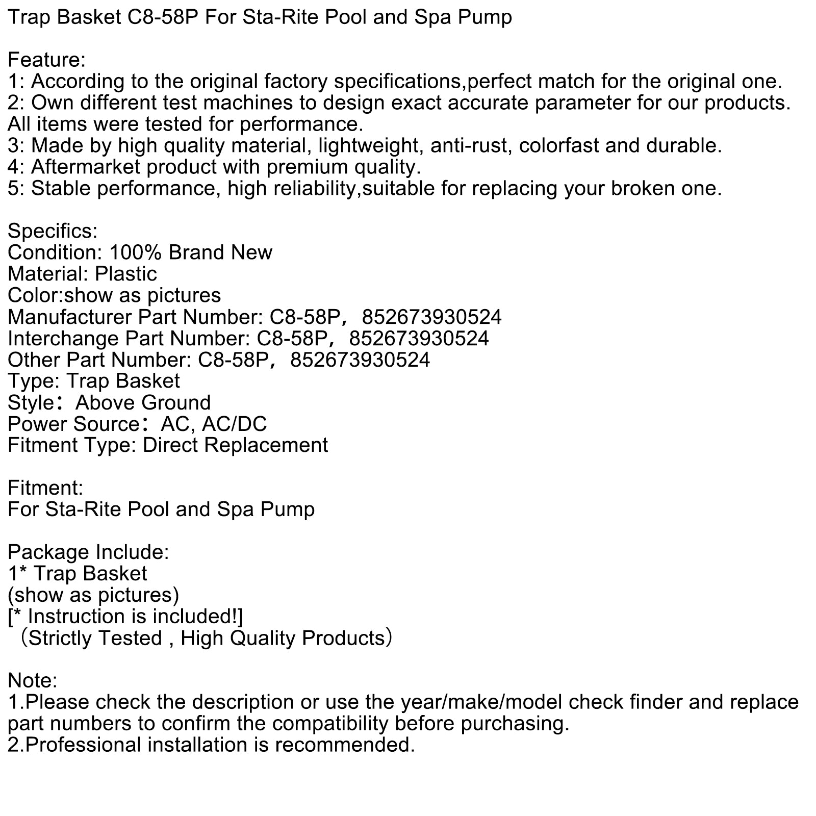 Armadilha cesto C8-58p para piscina STA-rite e bomba de spa