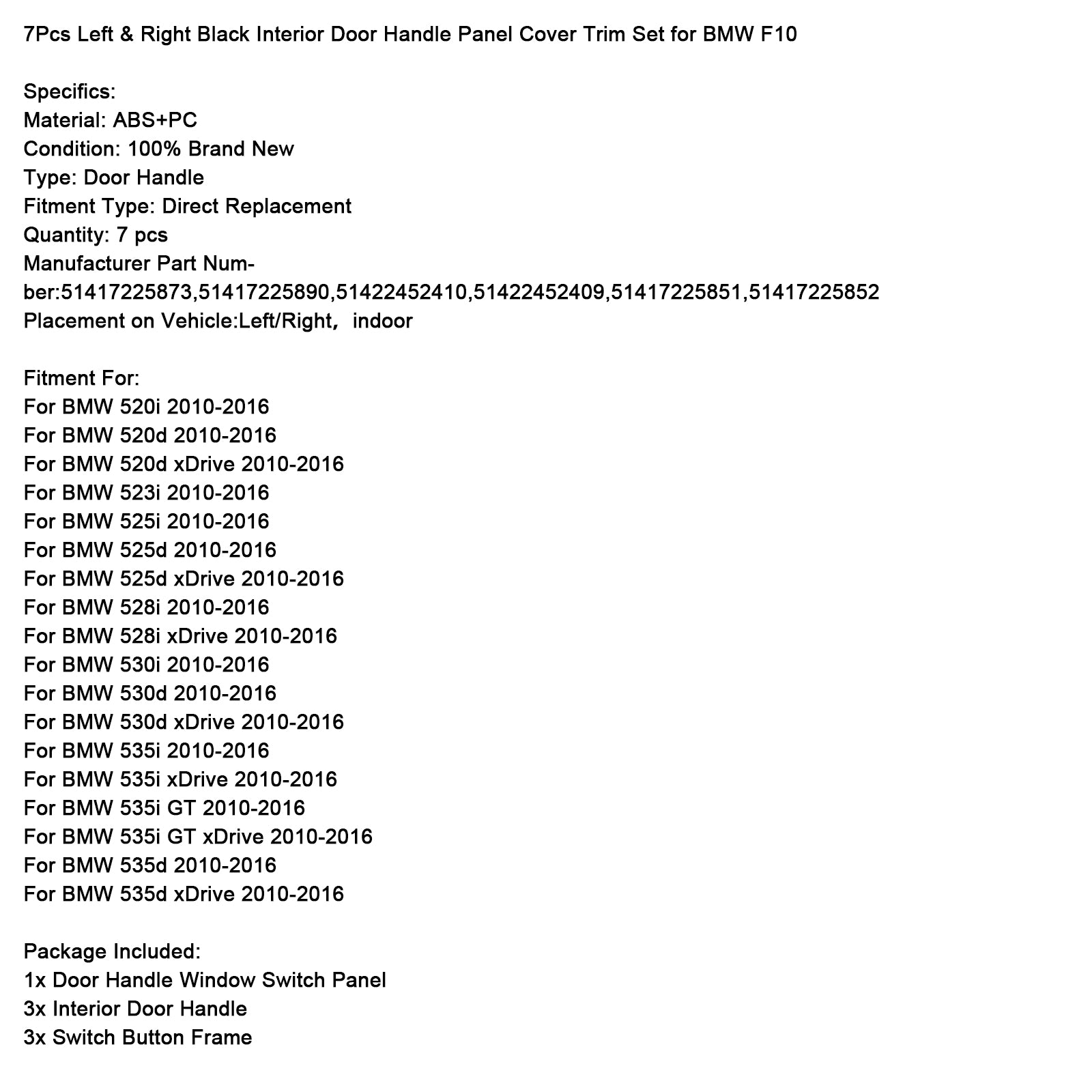 7x Zwart Binnendeurpaneel Handvat Pull Trim Cover Voor BMW 5 Serie F10 F11 10-16