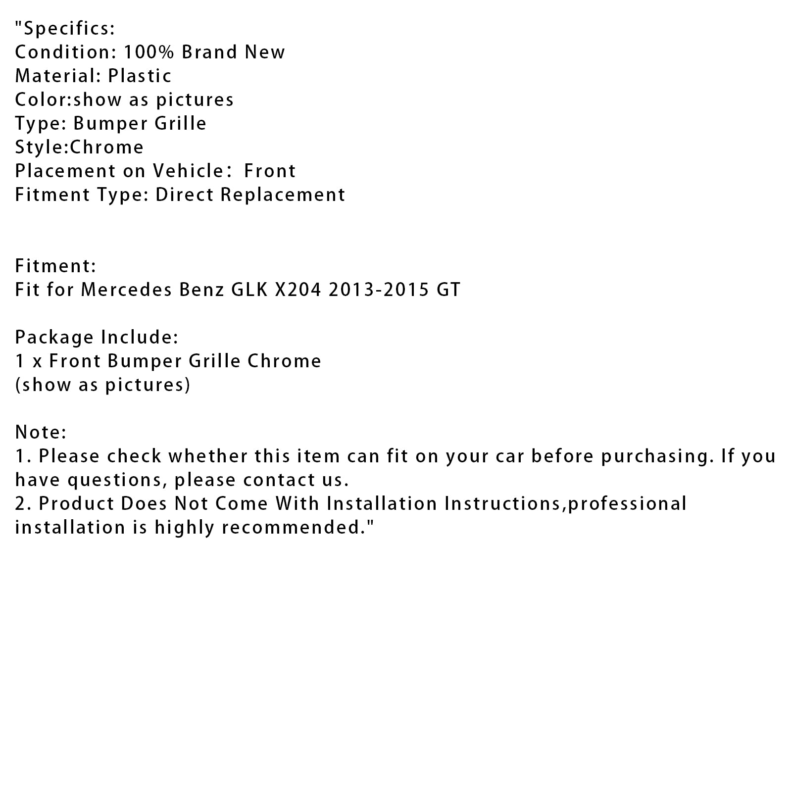 2013-2015 Mercedes Benz GLK X204 GT Front Grille Grill Mesh Chrome