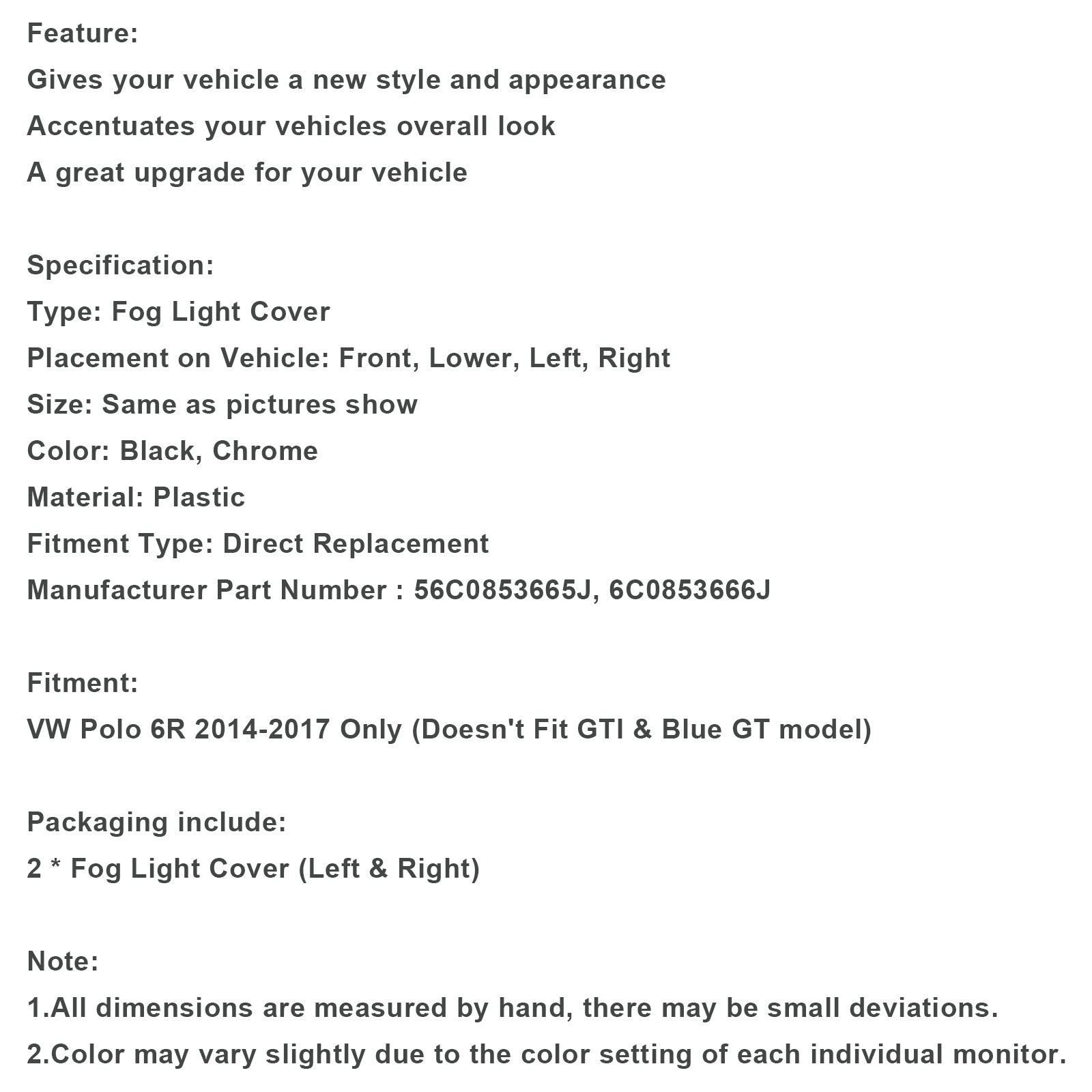 2014-2017 VW Polo 6R Pair Front Bumper Fog Light Cover Grill Grille