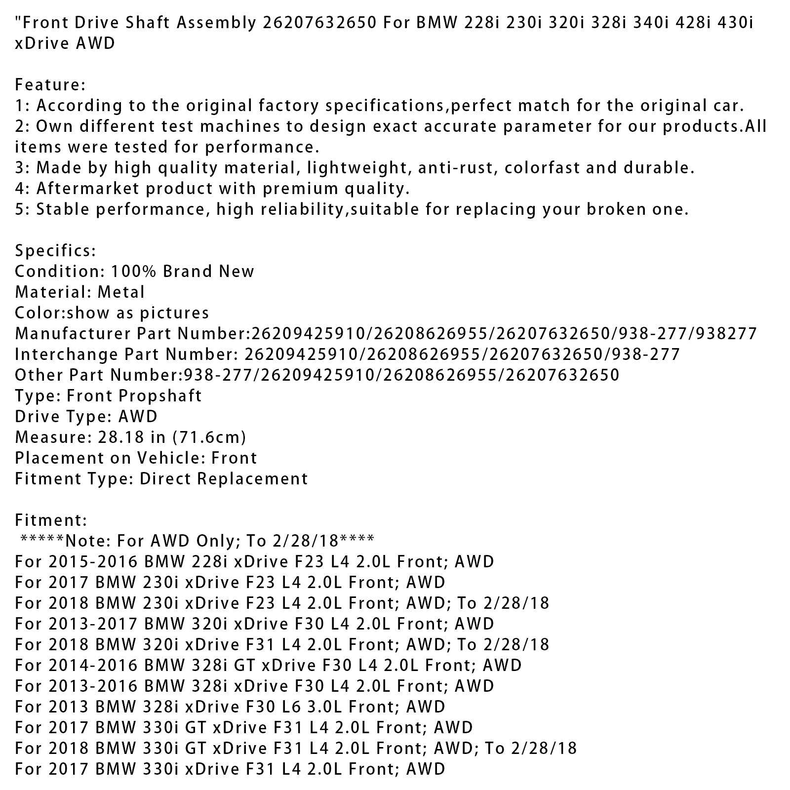 2017 BMW 230I XDRIVE F23 L4 2,0L Front AWD predný hriadeľ hriadeľa 26207632650 26209425910