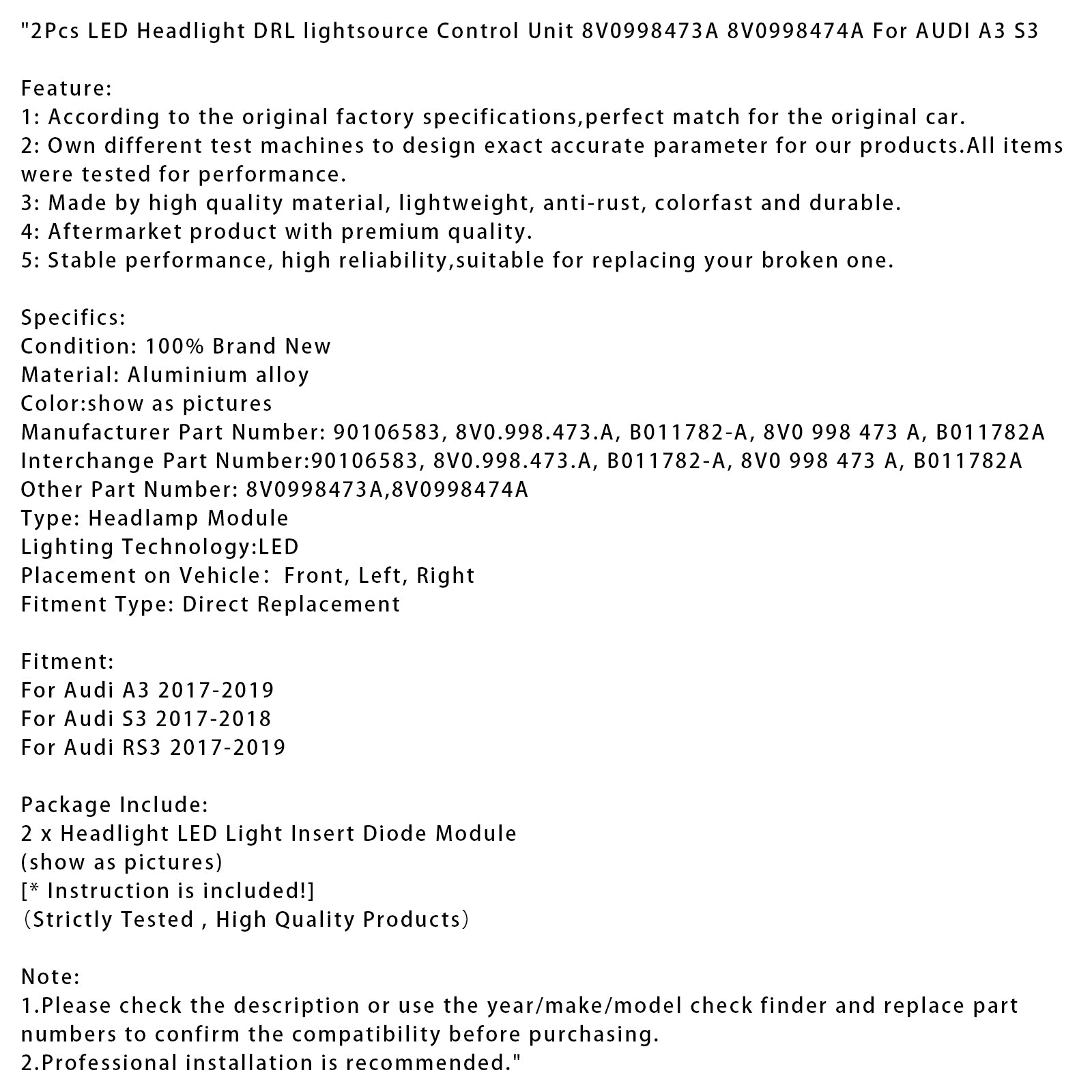 2017-2019 Audi A3 2 Stuks LED Koplamp DRL lichtbron Controle-eenheid 8V0998473A 8V0998474A