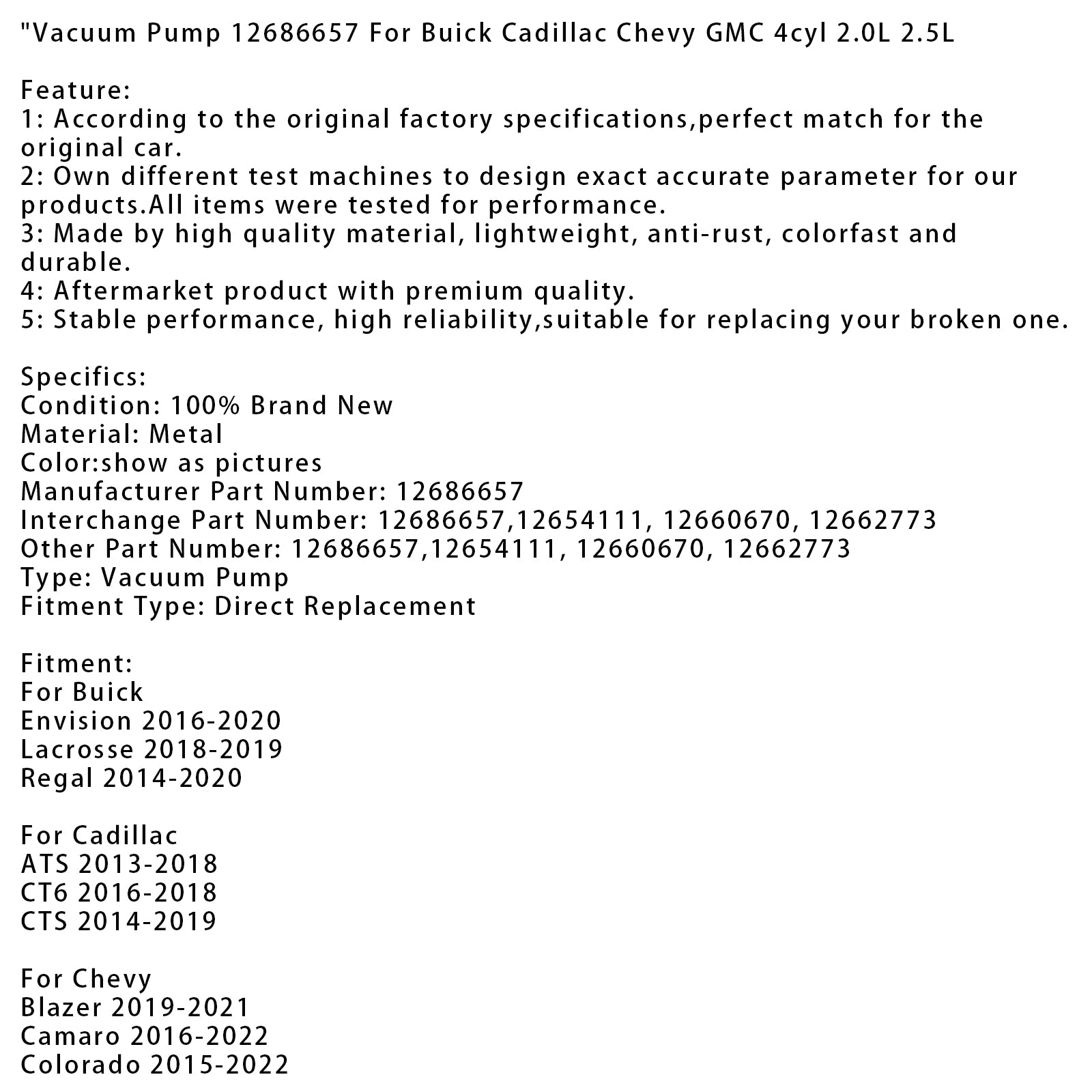 2013-2022 Chevy Malibu Vacuum Pump 12686657 12654111