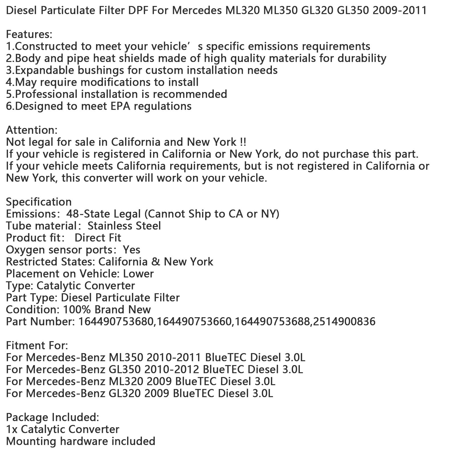 2010-2011 Mercedes-Benz ML350 BlueTEC Diesel 3.0L Dieselroetfilter DPF 164490753680 164490753660