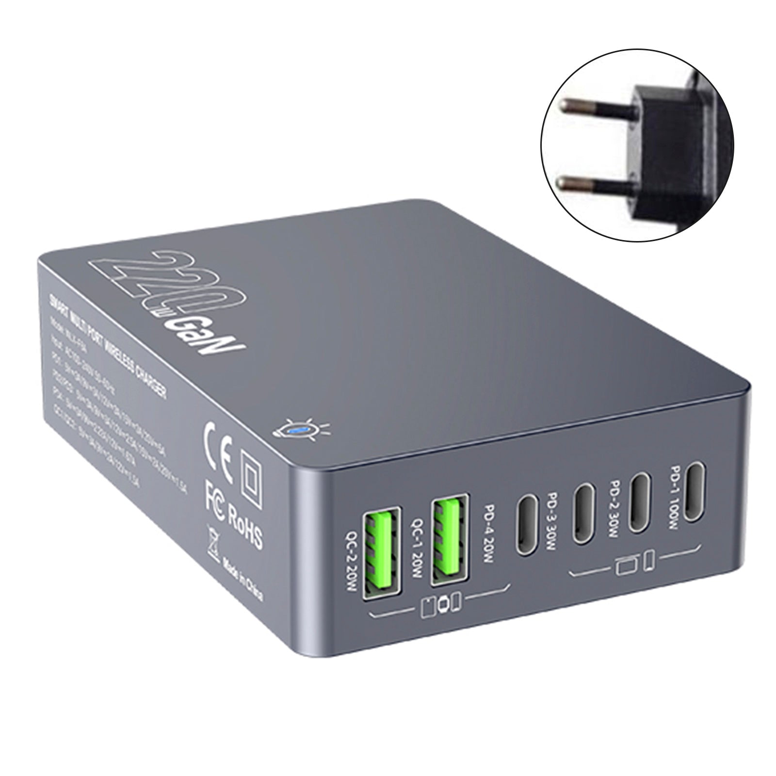 F8A Desktop Charging Station USB 6-Port Fast Charger PD100W ladestativ Smart lader EU-plugg