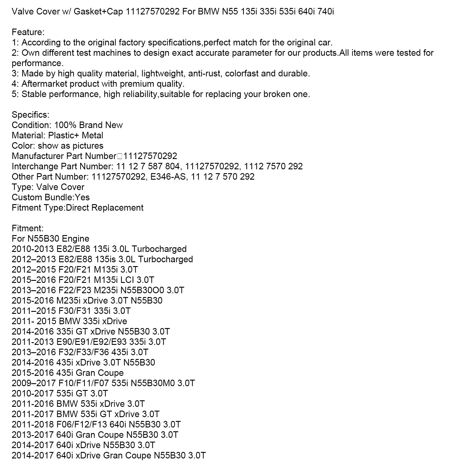 Ventilskydd w/ packning+cap 11127570292 för BMW N55 135i 335i 535i 640i 740i