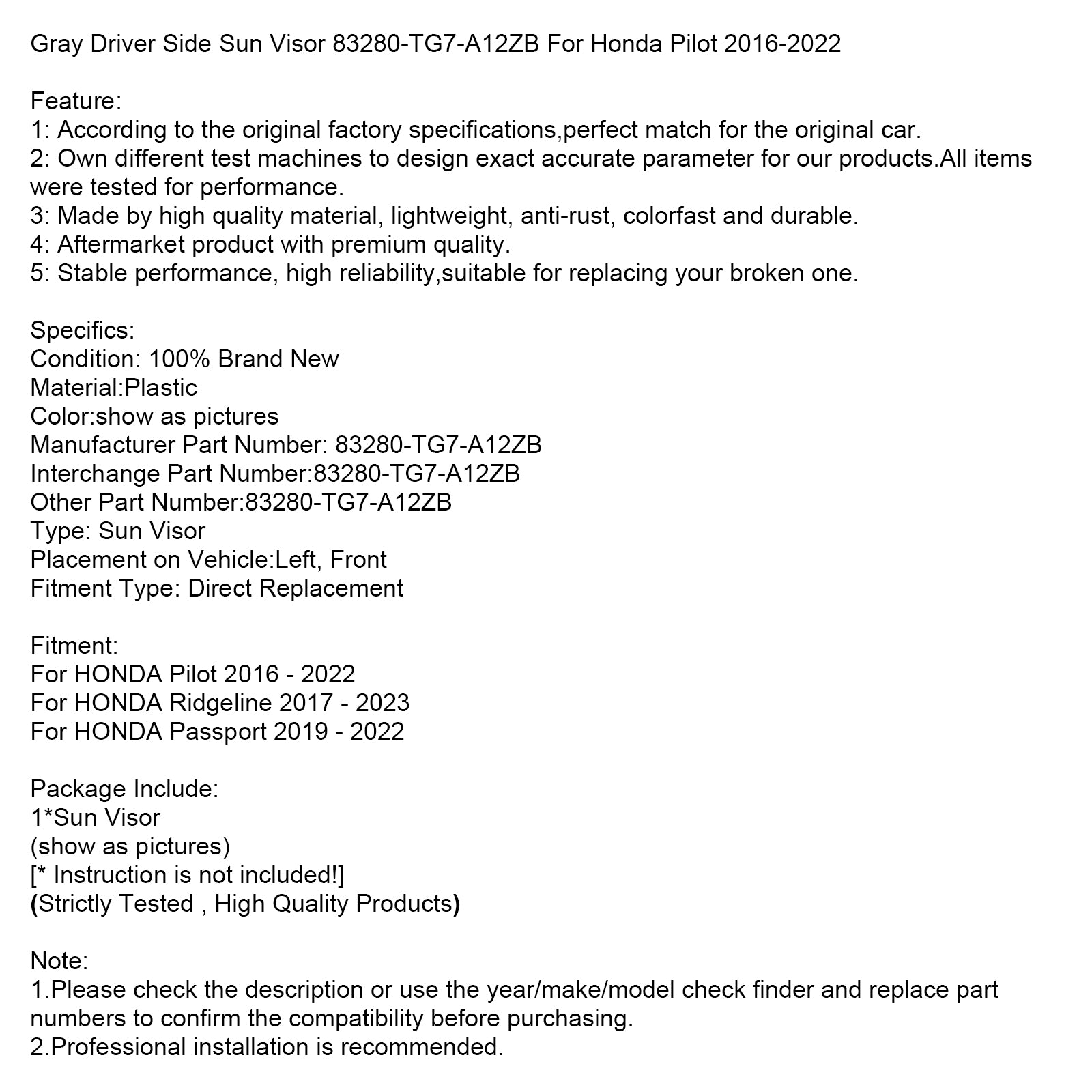 Visera lateral izquierda gris 83280-TG7-A12ZB para Honda Pilot 2016-2022