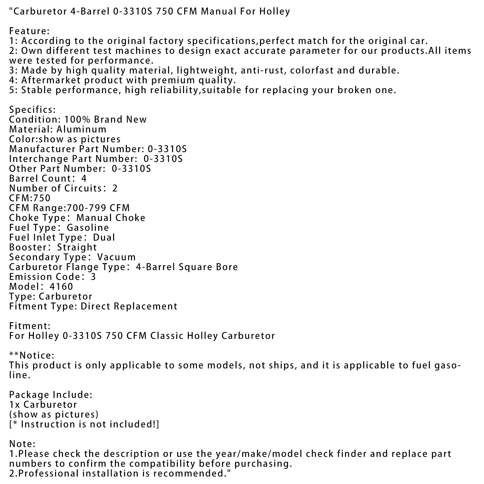 Holley förgasare 4-fat 0-3310s 750 CFM Manual