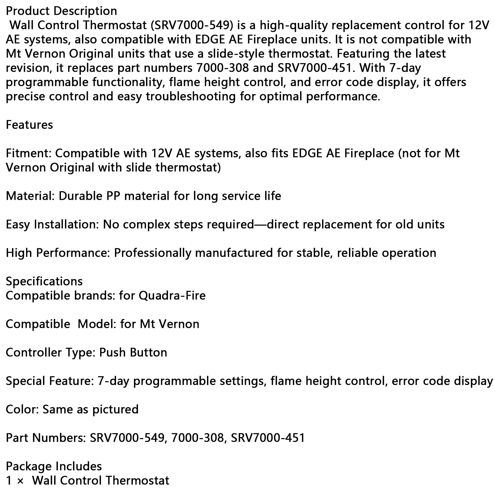 SRV7000-549 Wandbedieningsthermostaat Compatibel met QuadraFire MT Vernon AE