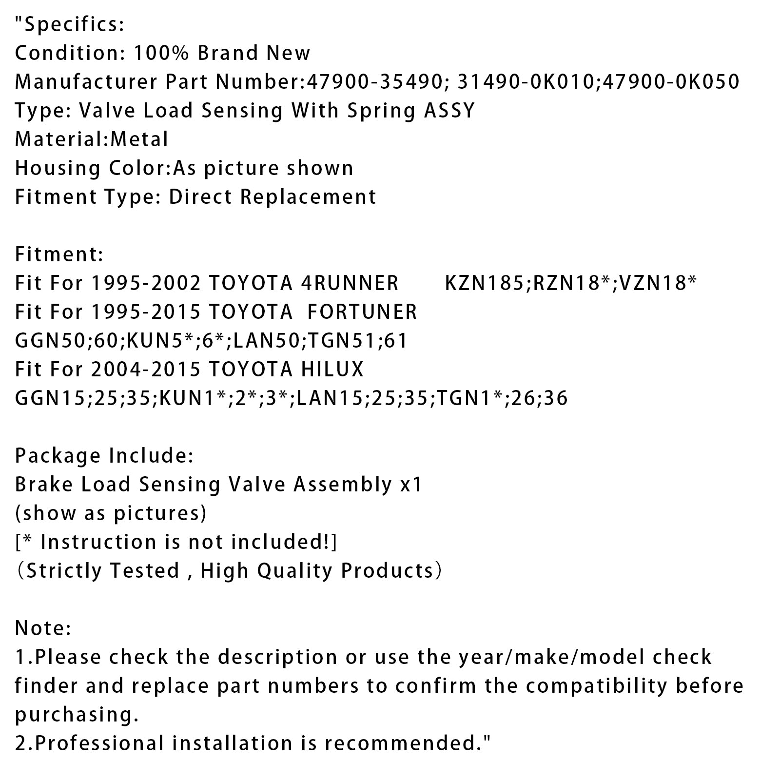 1995-2015 TOYOTA FORTUNER Bromsbelastningsavkännande ventil med fjäder ASSY 47900-35490