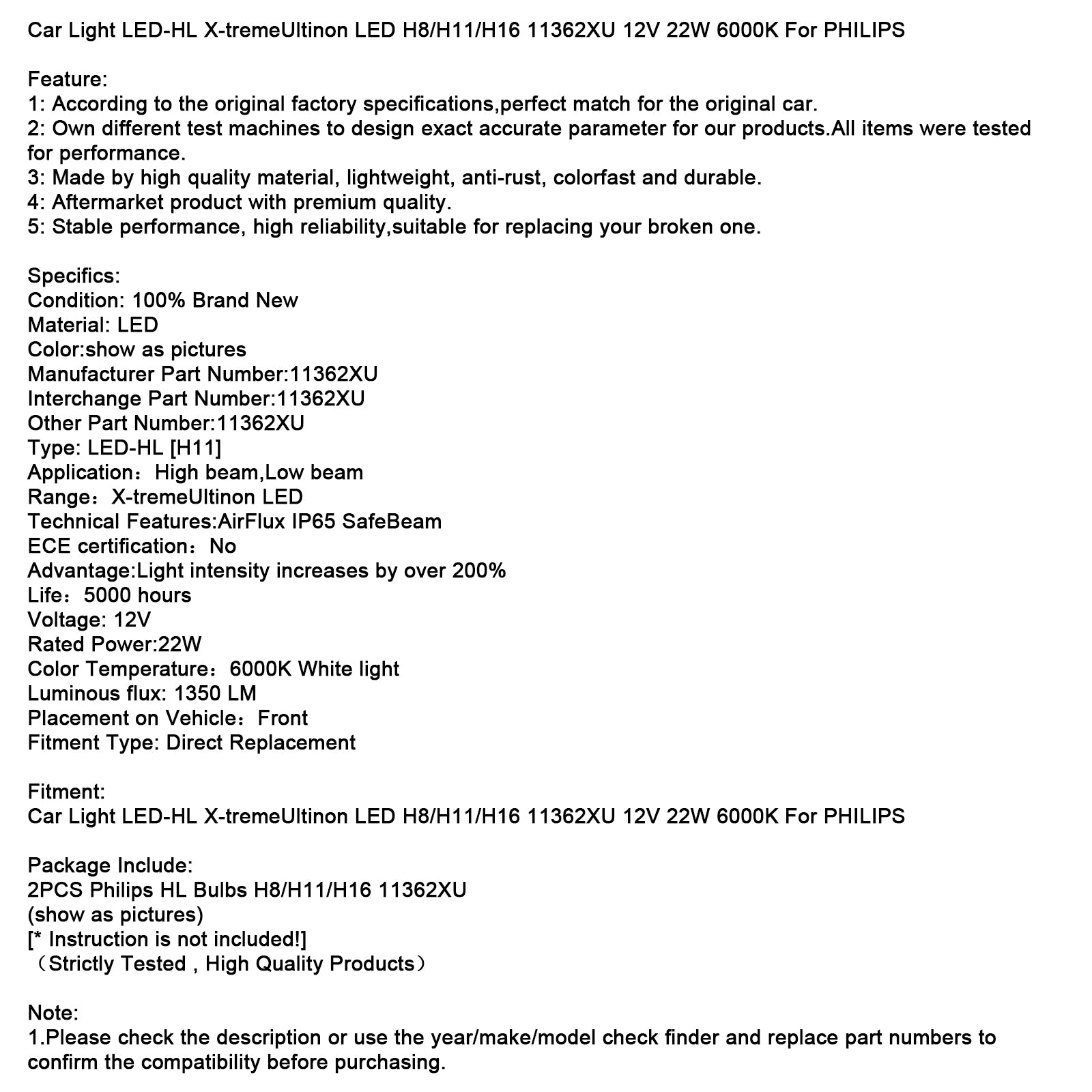 LED-LED-LED-HL X-Tremeultinon LED LED H8/H11/H16 11362XU 12V 22W para Philips