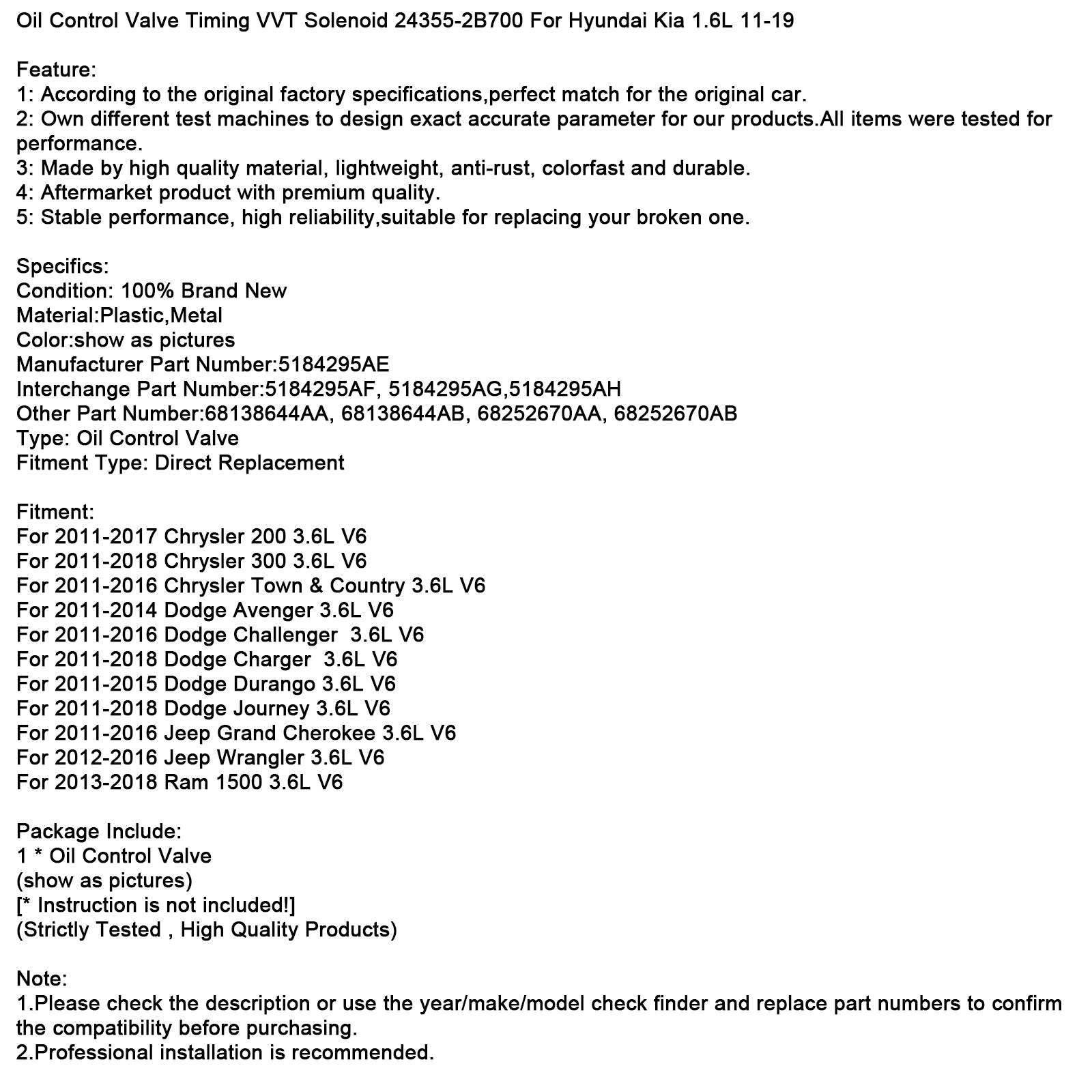 Vanne de contrôle d'huile, solénoïde de synchronisation VVT 5184295AE pour Chrysler Dodge Jeep 11-18