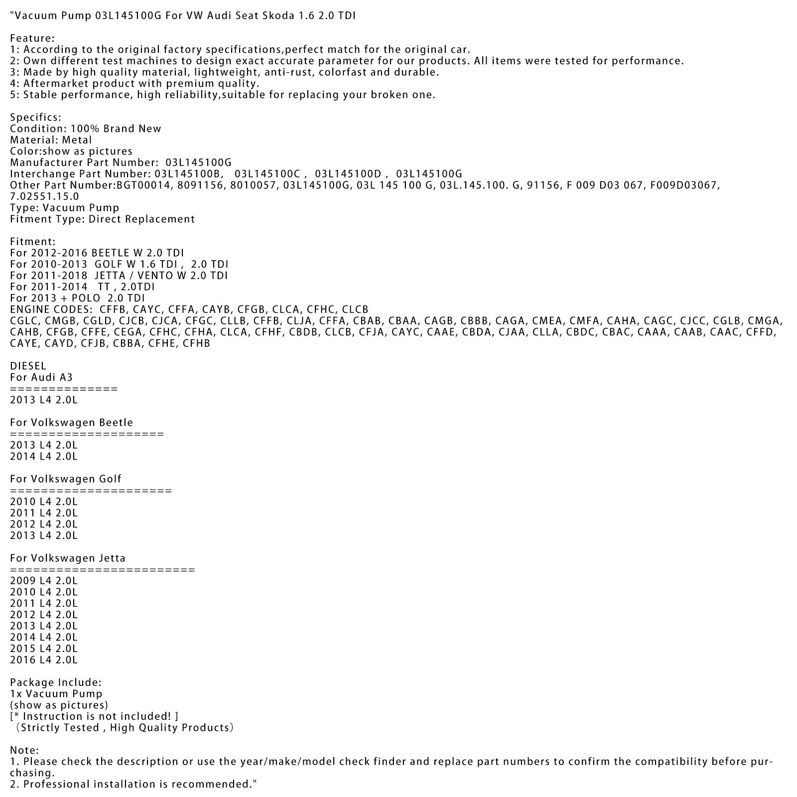 2010-2013 Golf W 1.6 TDI 2.0 TDI Vakuumpump 03L145100G 03L145100B 03L145100C
