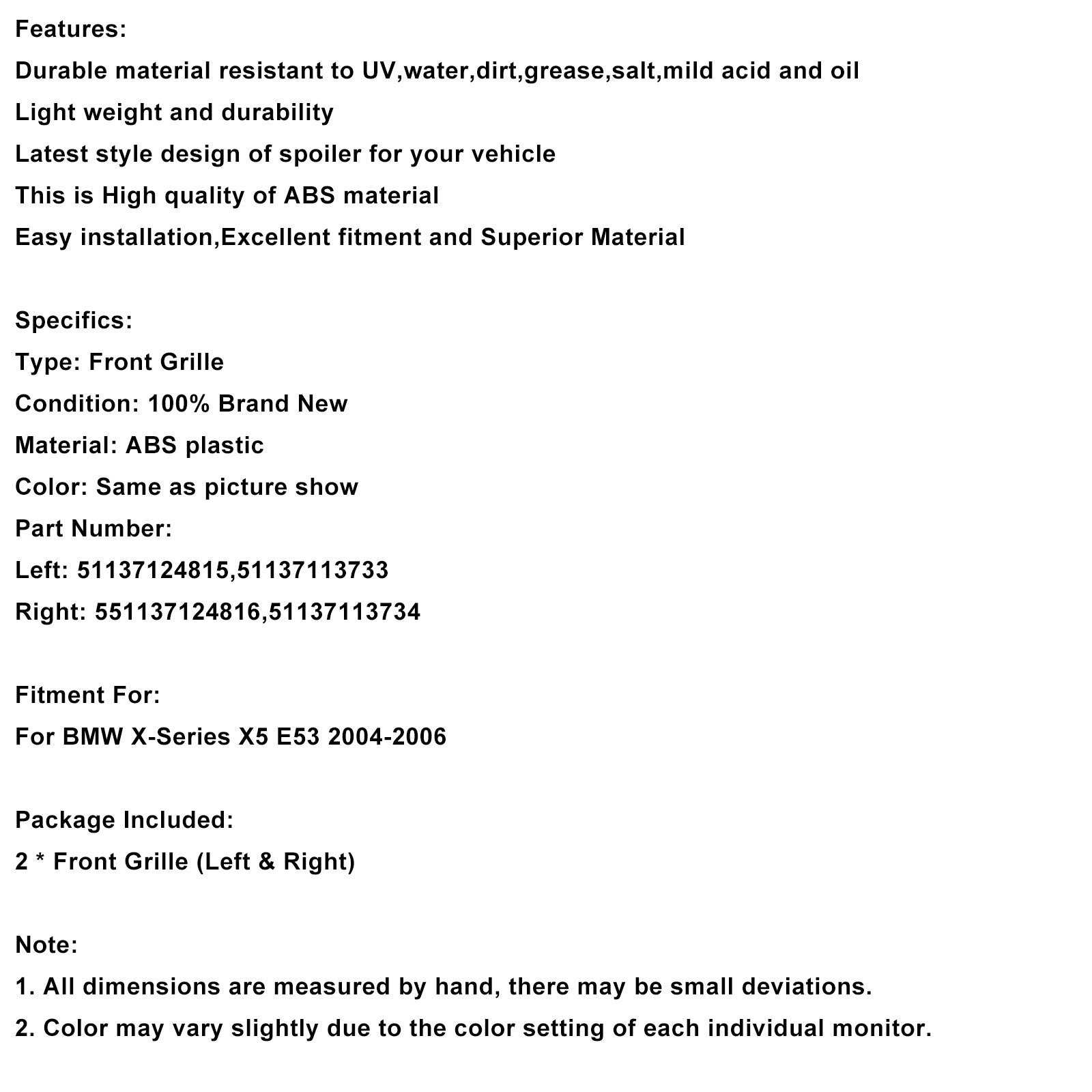 Gloss Black Front Kidney Grille Grill Fit BMW X-Series X5 E53 2004-2006