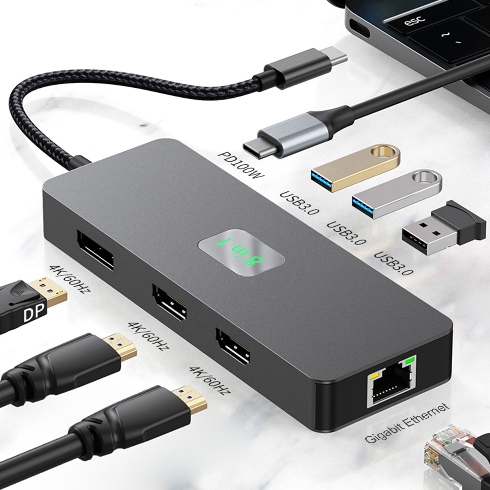 Base adaptadora de concentrador de interfaz 8 en 1 TYPE-C a RJ45 Gigabit USB 3.0 HDMI DP PD100W