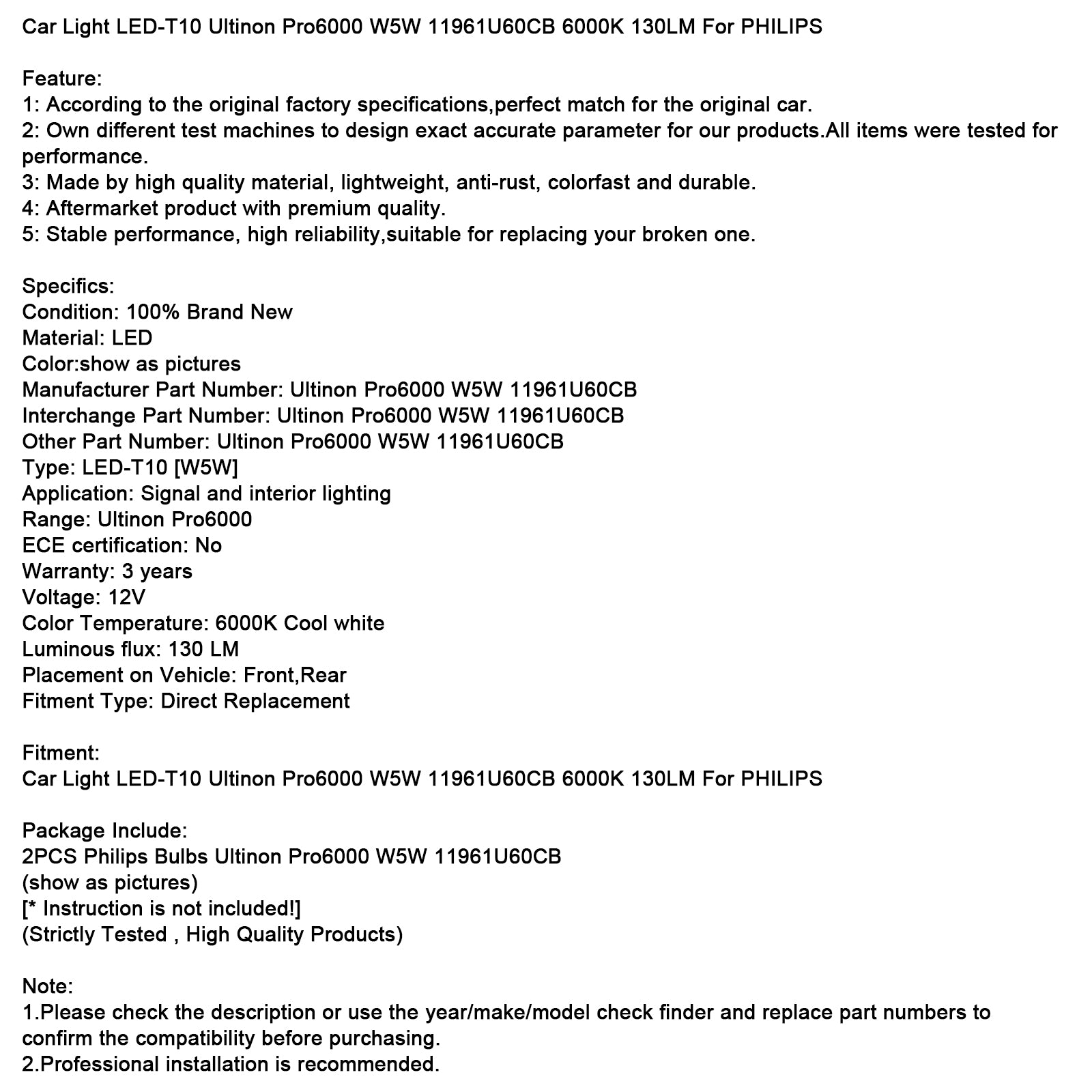 Automobilové LED svetlo T10 Ultinon Pro6000 W5W 11961U60CB 6000K 130LM Pre PHILIPS