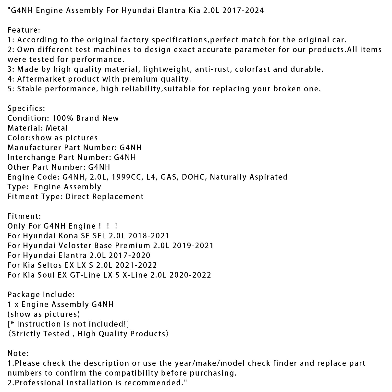 G4NH Engine Assembly For Hyundai Elantra Kia 2.0L 2017-2024