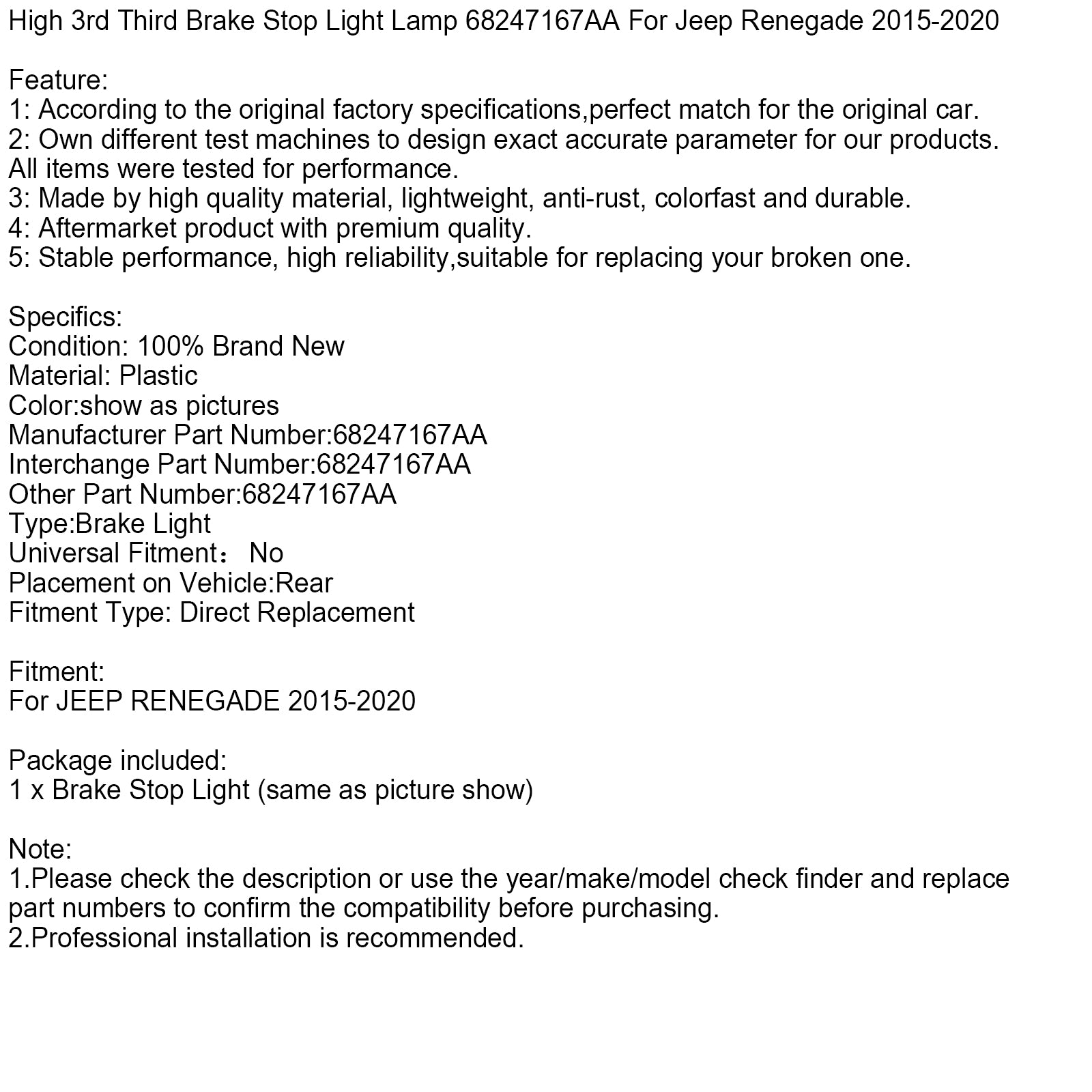 High 3rd Third Brake Stop Light Lamp 68247167AA For Jeep Renegade 2015-2020
