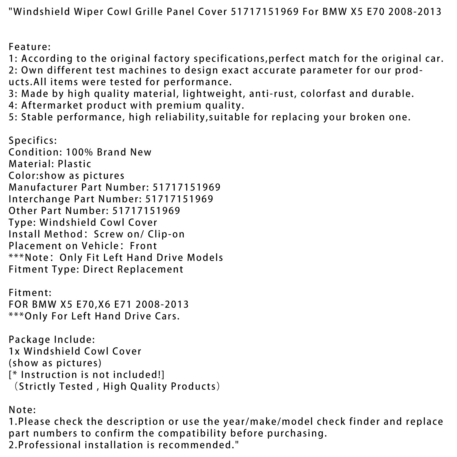 2008-2013 BMW X5 E70 X6 E71 Couverture du panneau de calandre Cowl Grille 51717151969