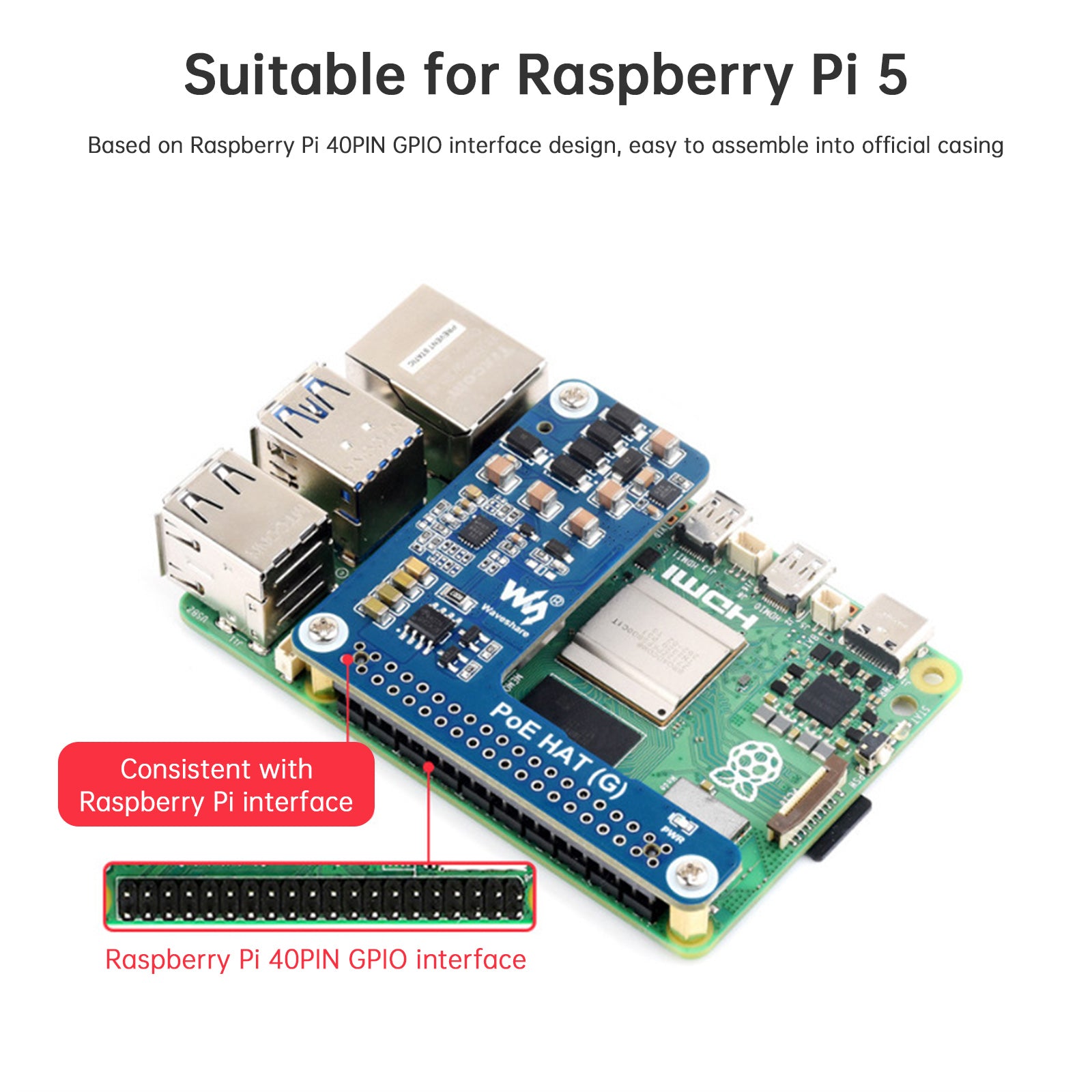 Raspberry Pi 5 Conselho de Expansão Ethernet Módulo de fonte de alimentação POE 802.3af/at