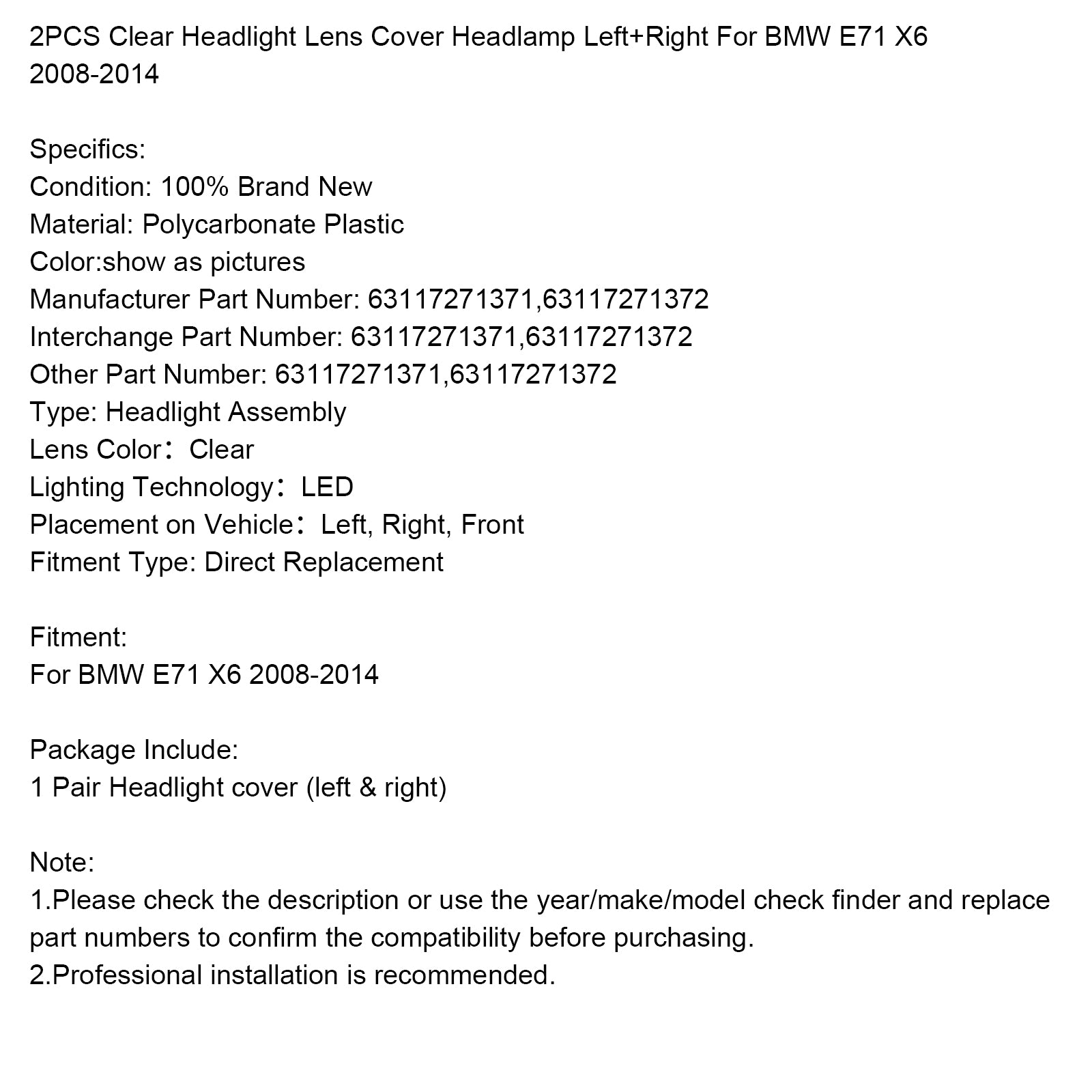 2008-2014 BMW E71 X6 2 STKS Clear Koplamp Lens Cover Koplamp Links + Rechts