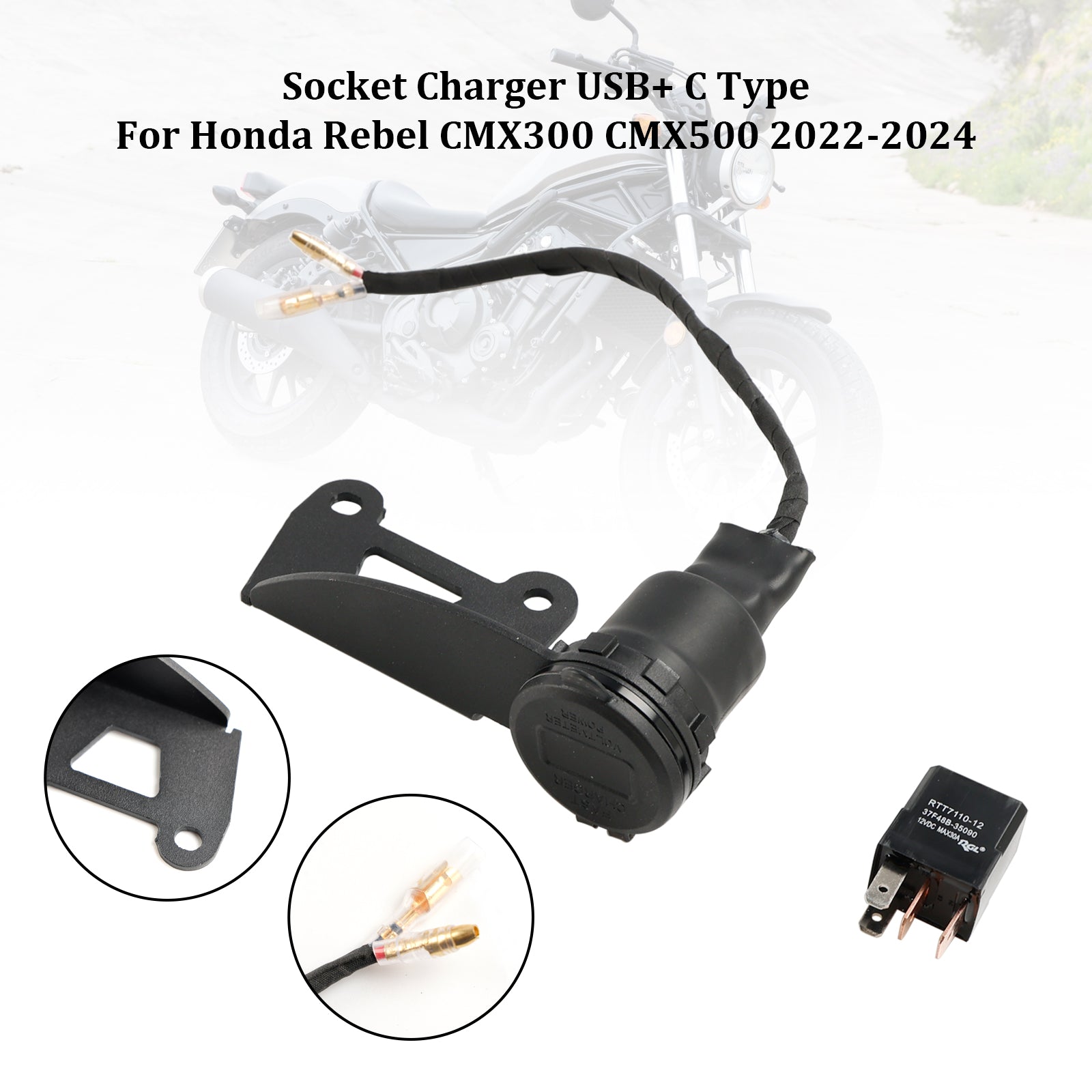 2022-2024 Honda Rebel CMX300 CMX500 12V Socket Charger USB+C Type Quick