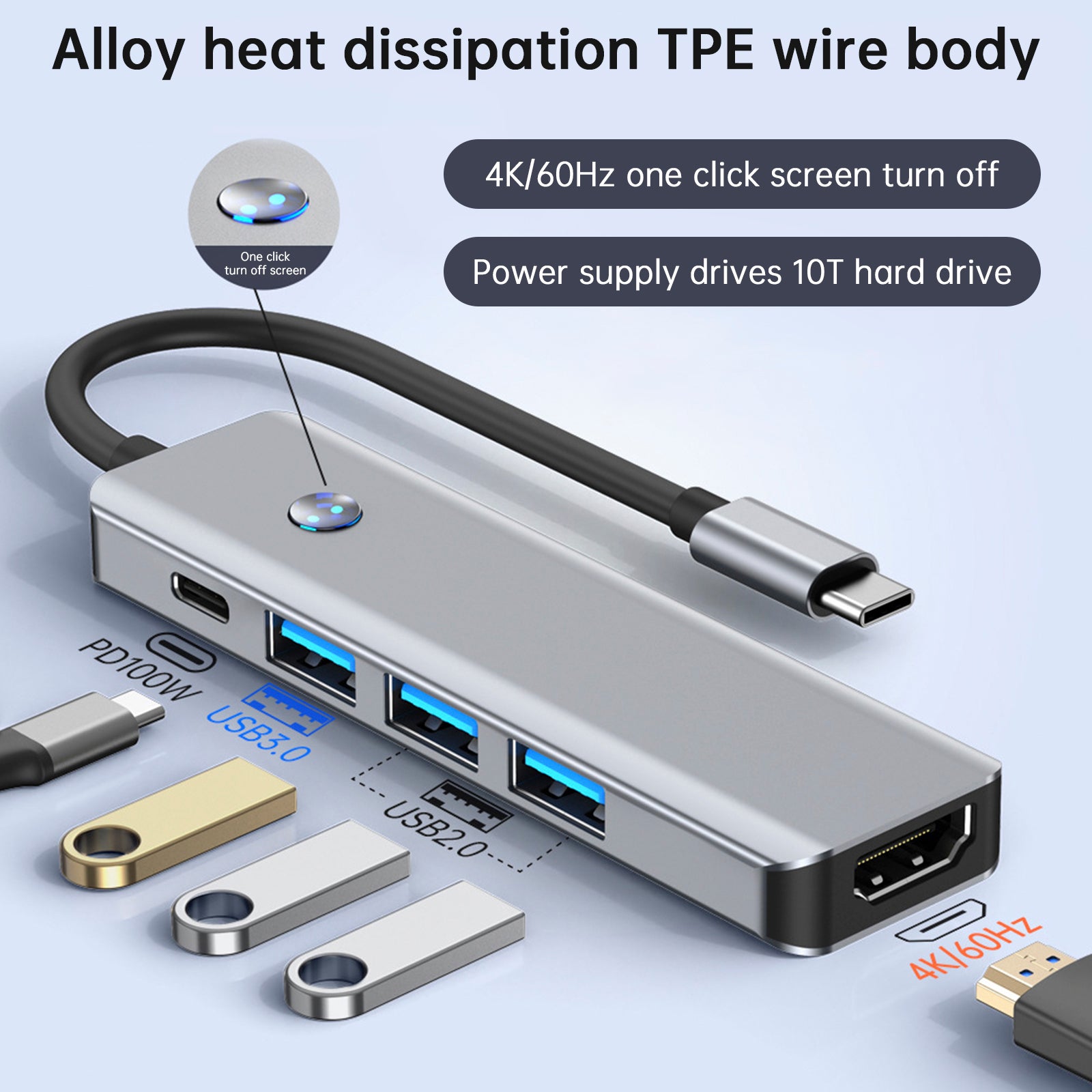 5 en 1 adaptador de concentrador de interfaz TYPE-C+USB3.0*1+USB2.0*2+HDMI+PD100W para MacBook