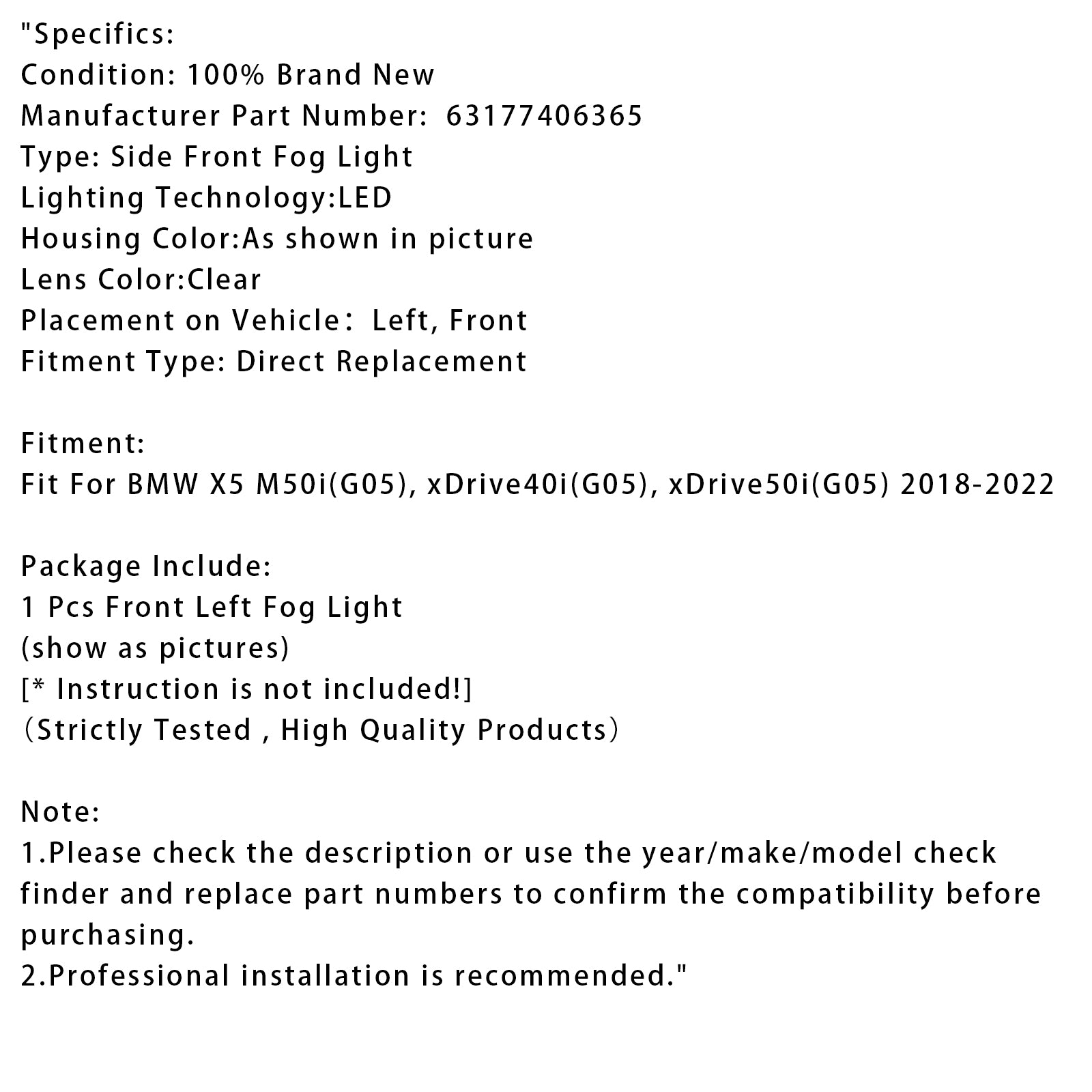 2018-2022 BMW X5 G05 1 PCS LED predné ľavé hmlové svetlo 63177406365