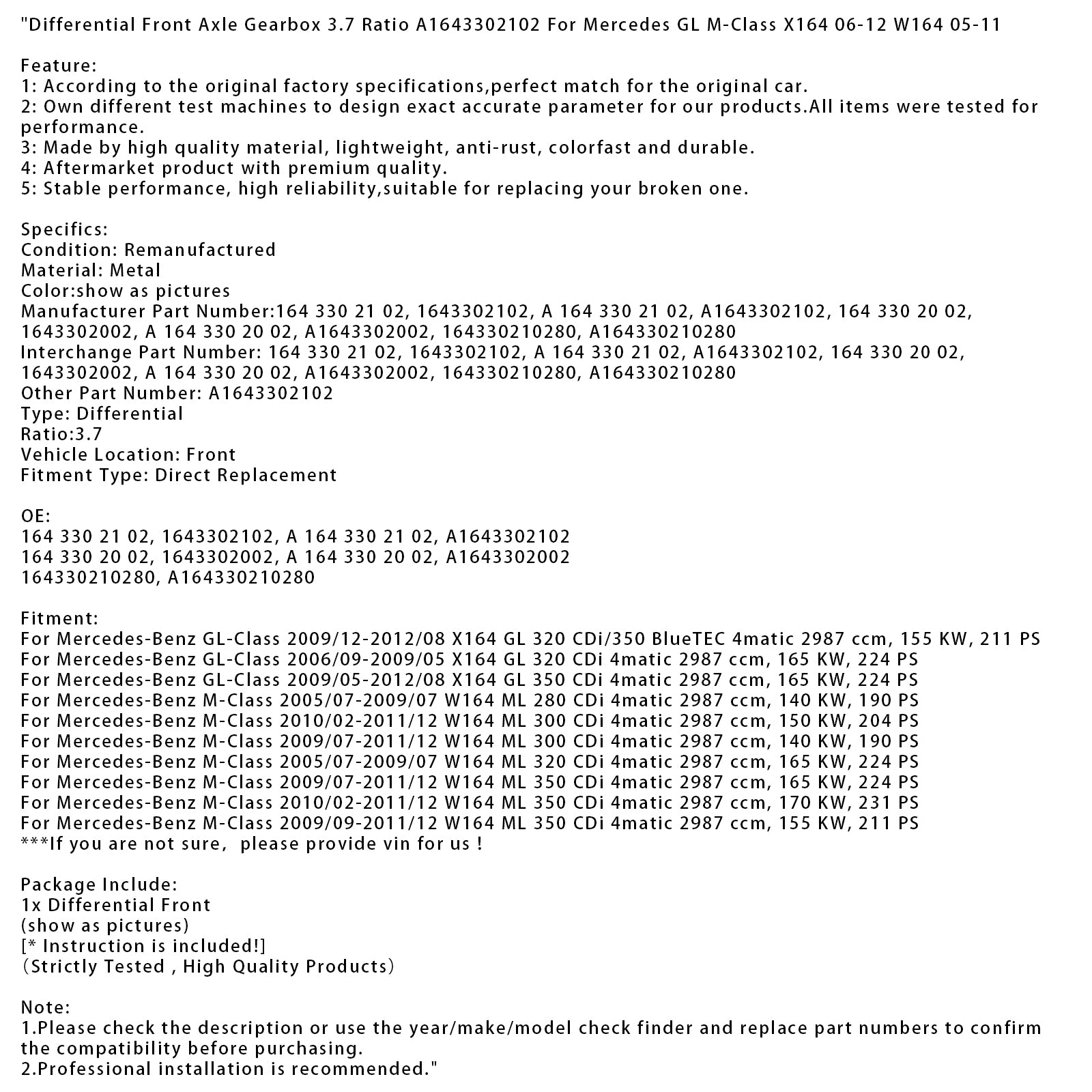 2005/07-2009/07 Mercedes-Benz M-Klasse W164 ML 320 CDi 4matic Differentieel Vooras Versnellingsbak 3.7 Overbrengingsverhouding 164330210280
