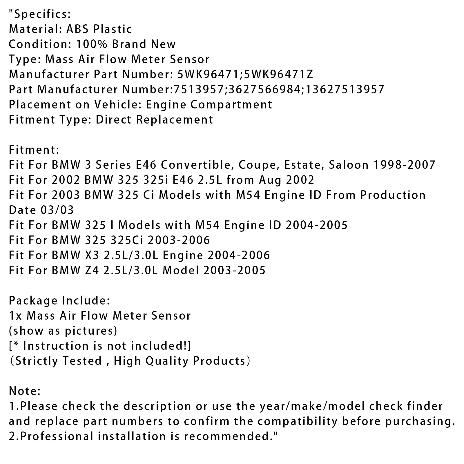 Mass Air Flow Meter Sensor For BMW 3 E46 E83 E85 X3 Z4 325i 325Ci 5WK96471