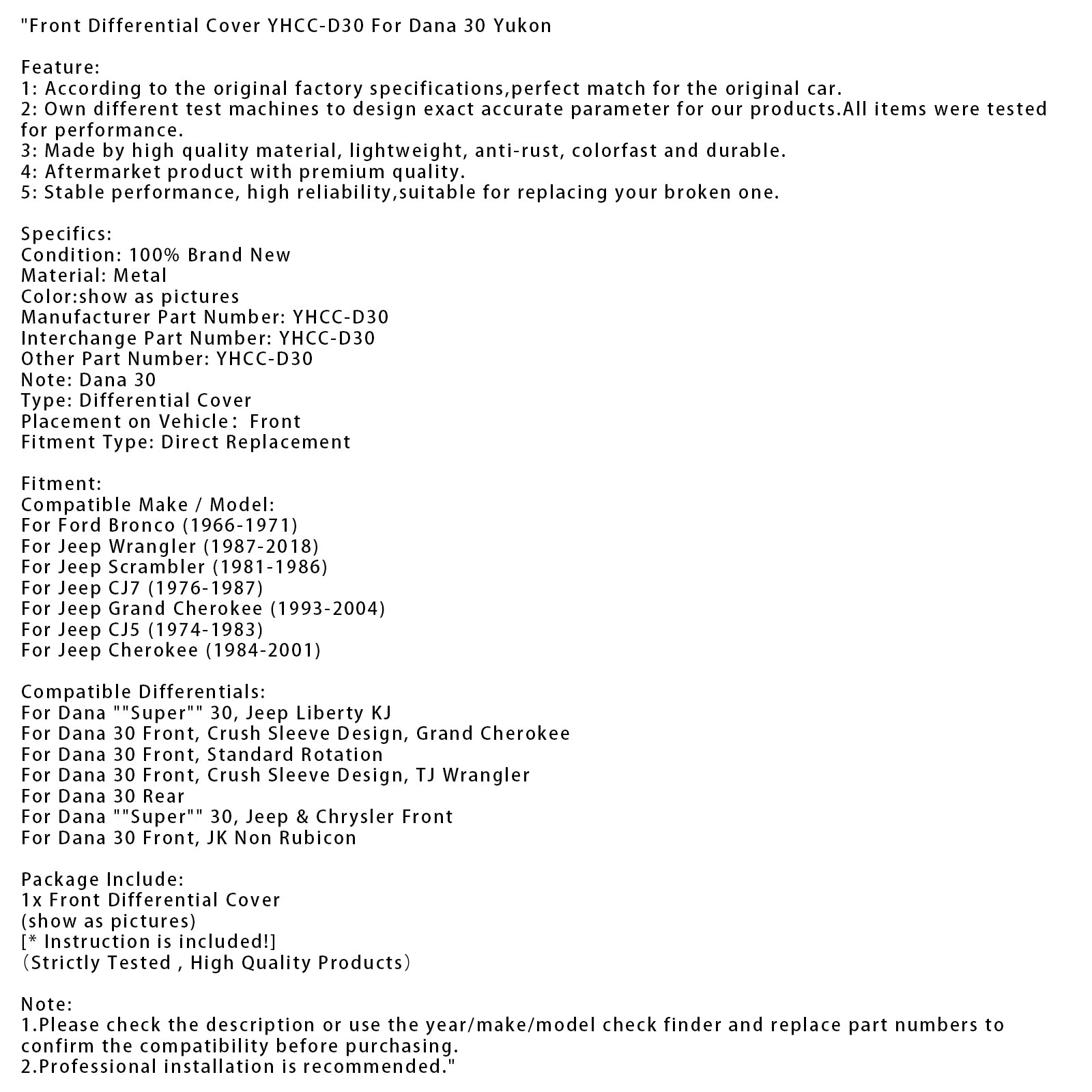 Voordifferentieeldeksel YHCC-D30 voor Dana 30 Yukon