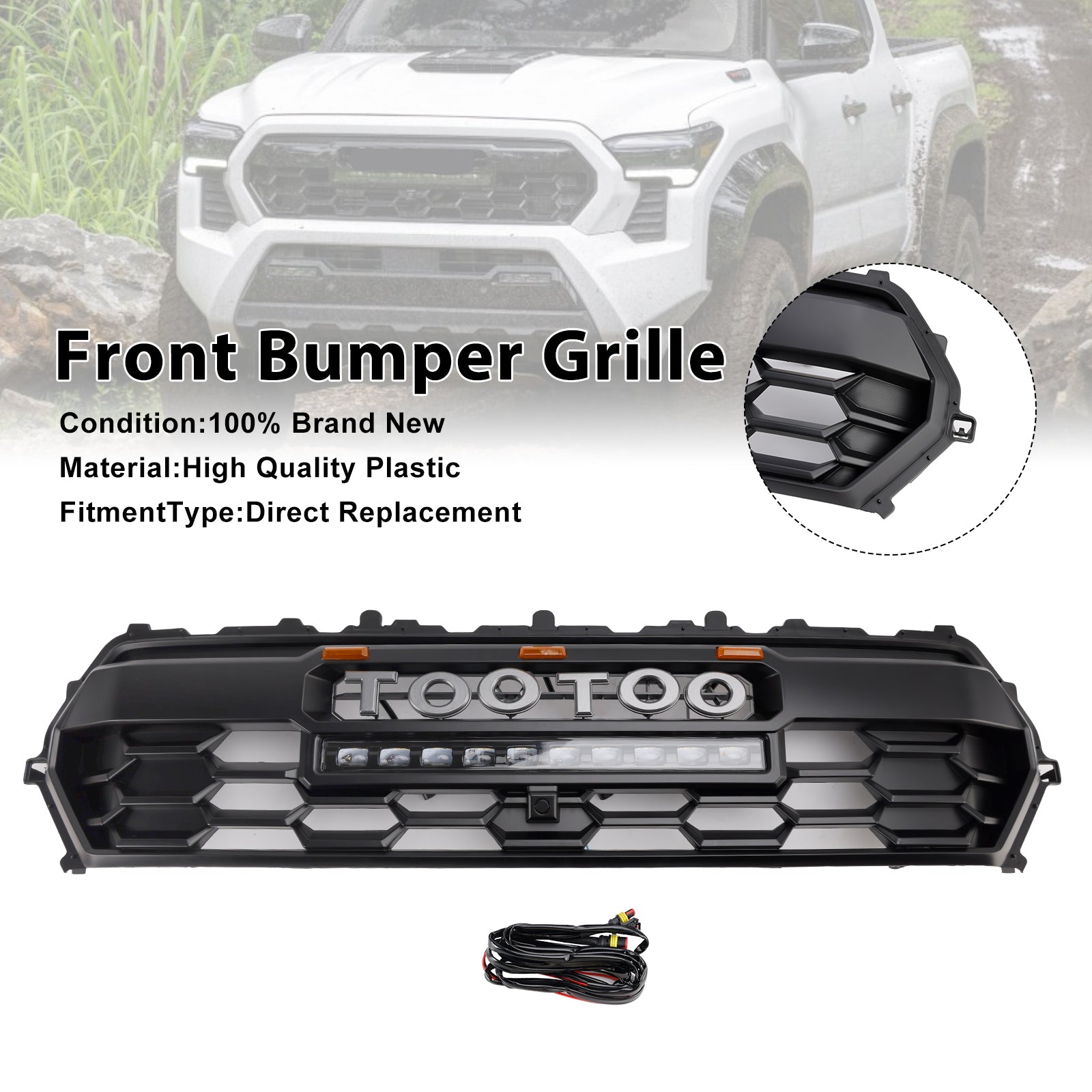 2024+ Toyota Tacoma With Led & Light Bar Black Front Bumper Grill Grille