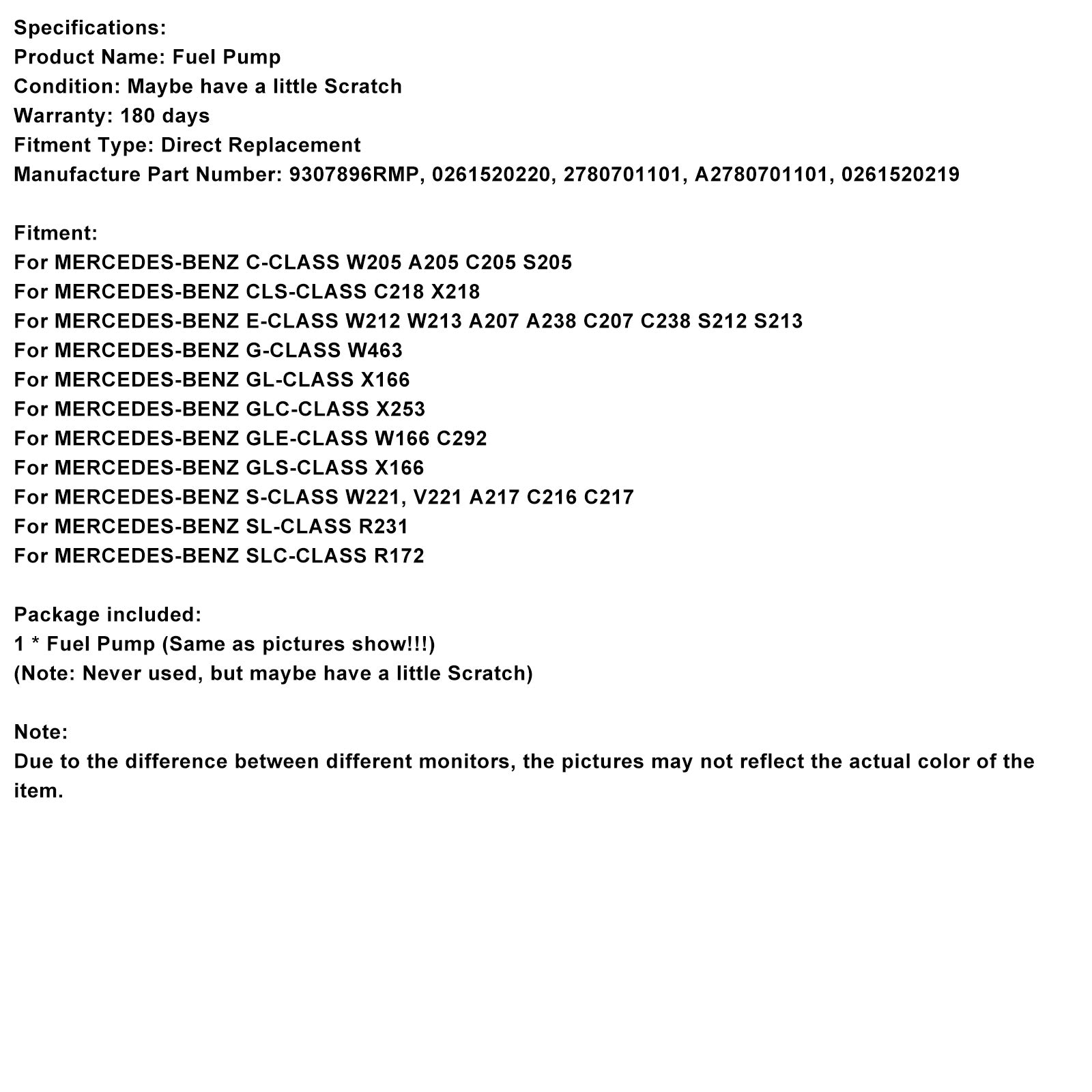 MERCEDES-BENZ E-CLASS W212 W213 A207 A238 C207 C238 S212 S213 High Pressure Fuel Pump A2780701101 9307896RMP