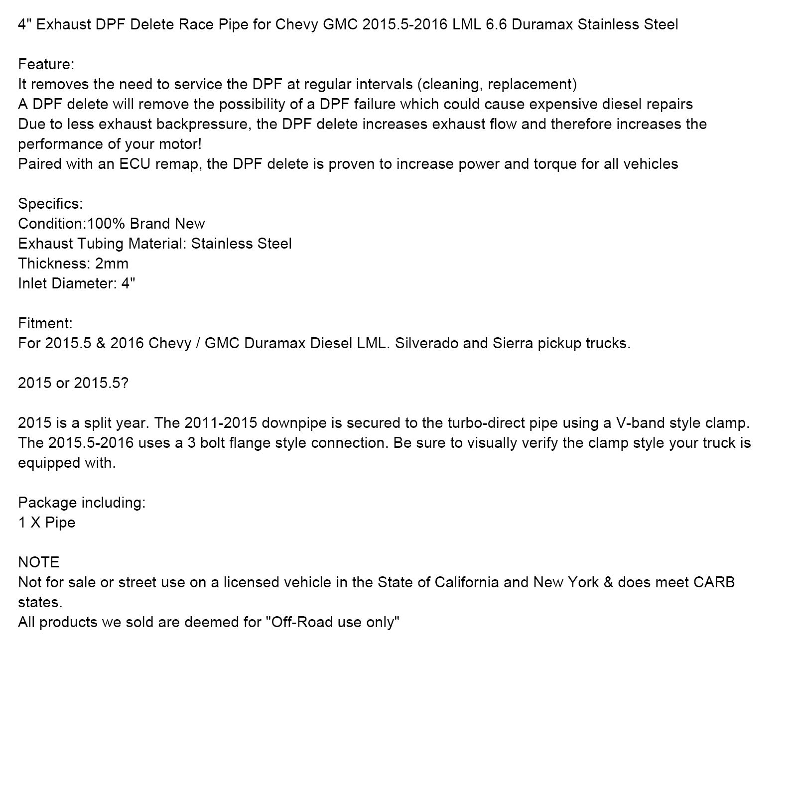 4" Tubo de escape DPF para Chevy GMC 2015.5-2016 LML 6.6 Duramax de acero inoxidable