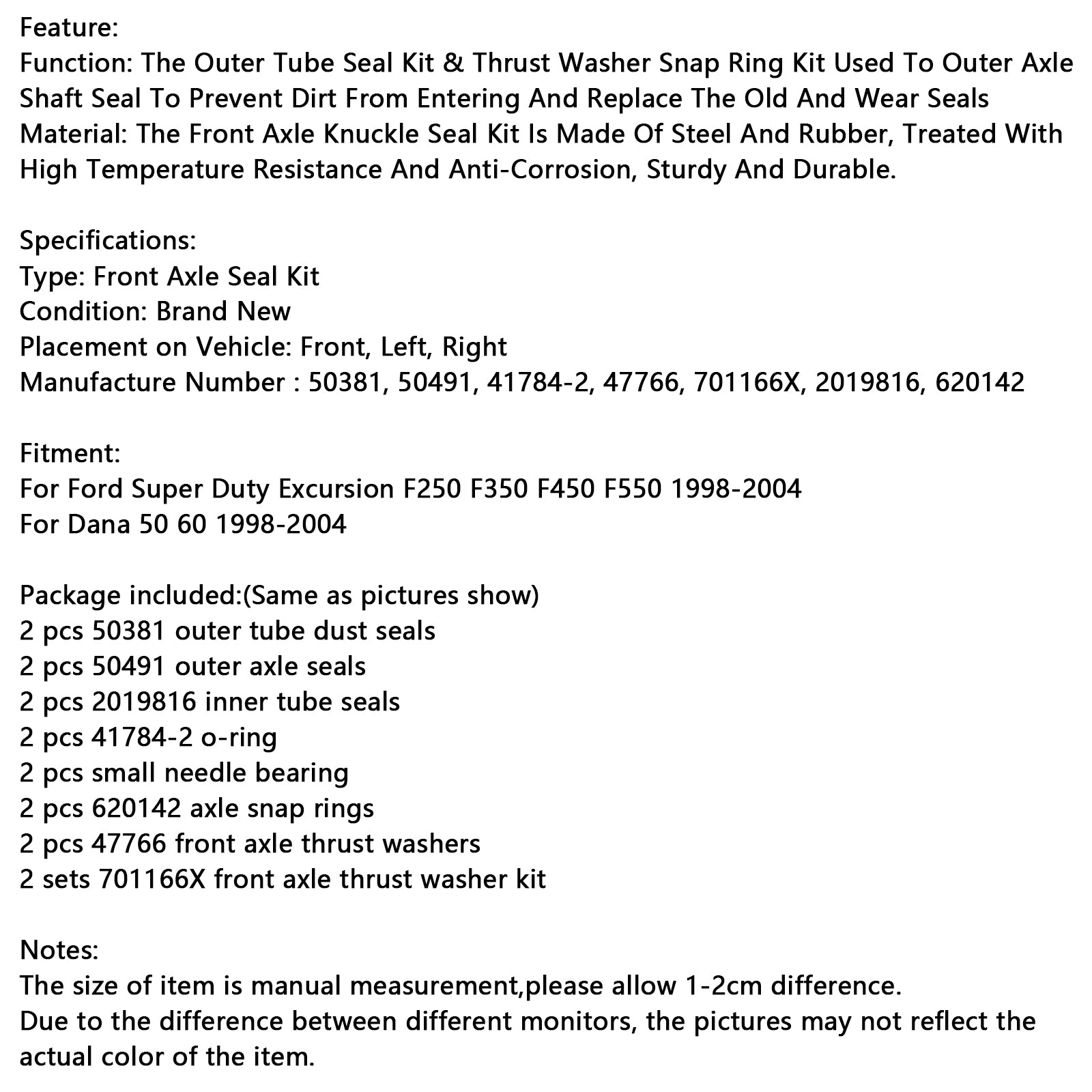 Súprava prednej nápravy a tlačovej podložky Fit Ford Excursion F250 F350 1998-2004