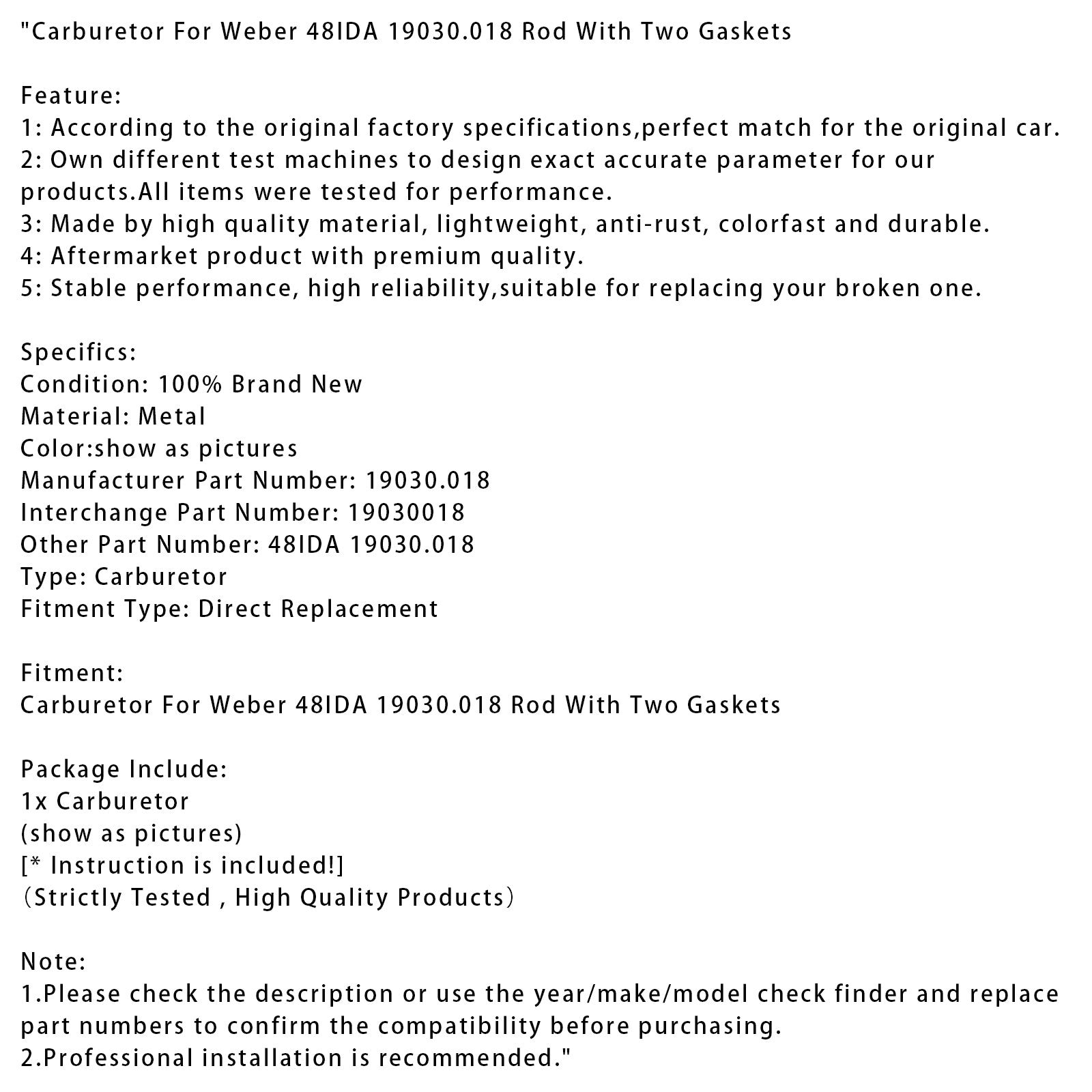 Förgasare för Weber 48IDA 19030.018 Stång med två packningar